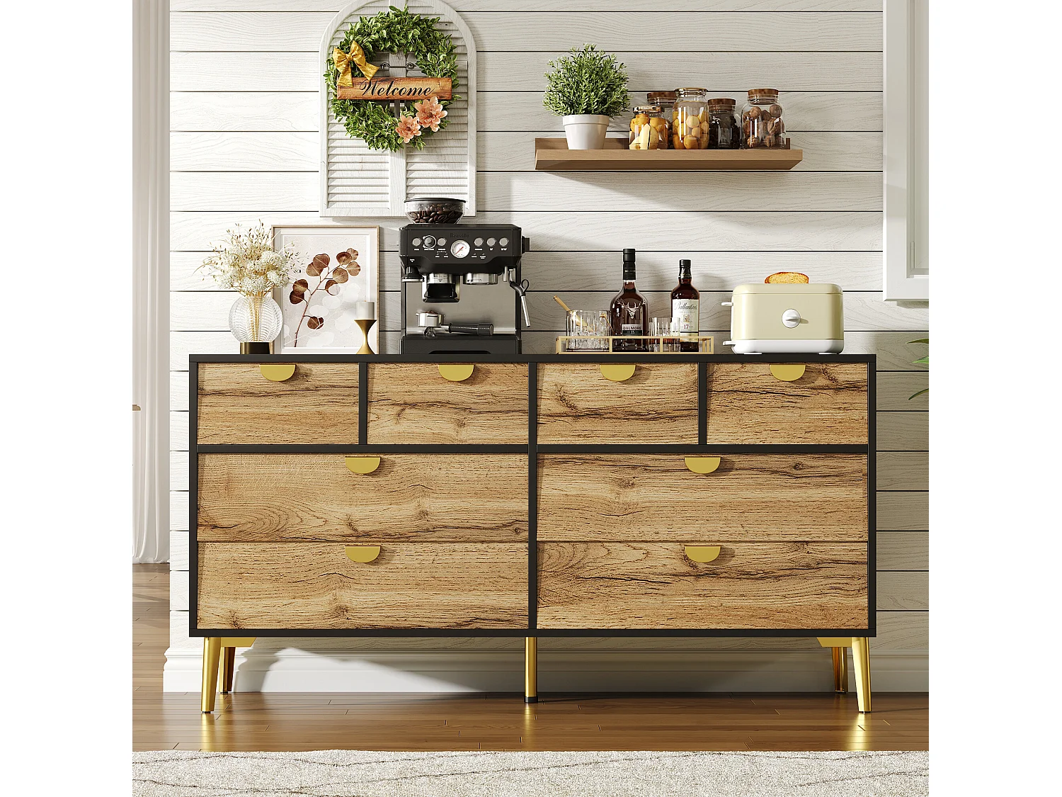 URBAN MEUBLE Buffet effet bois et noir avec 8 tiroirs poignée et pieds dorés 150*40*78cm