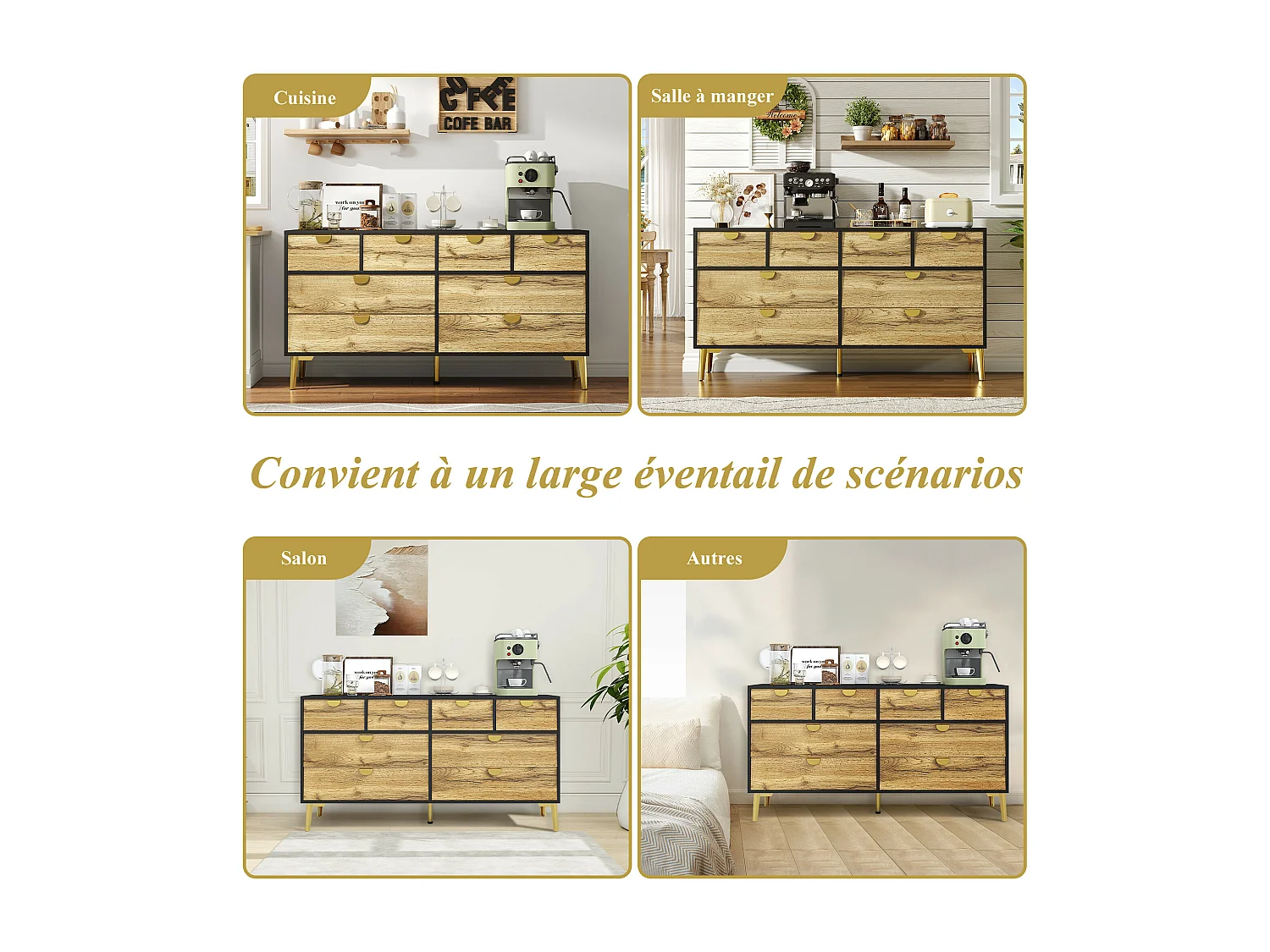 URBAN MEUBLE Buffet effet bois et noir avec 8 tiroirs poignée et pieds dorés 150*40*78cm