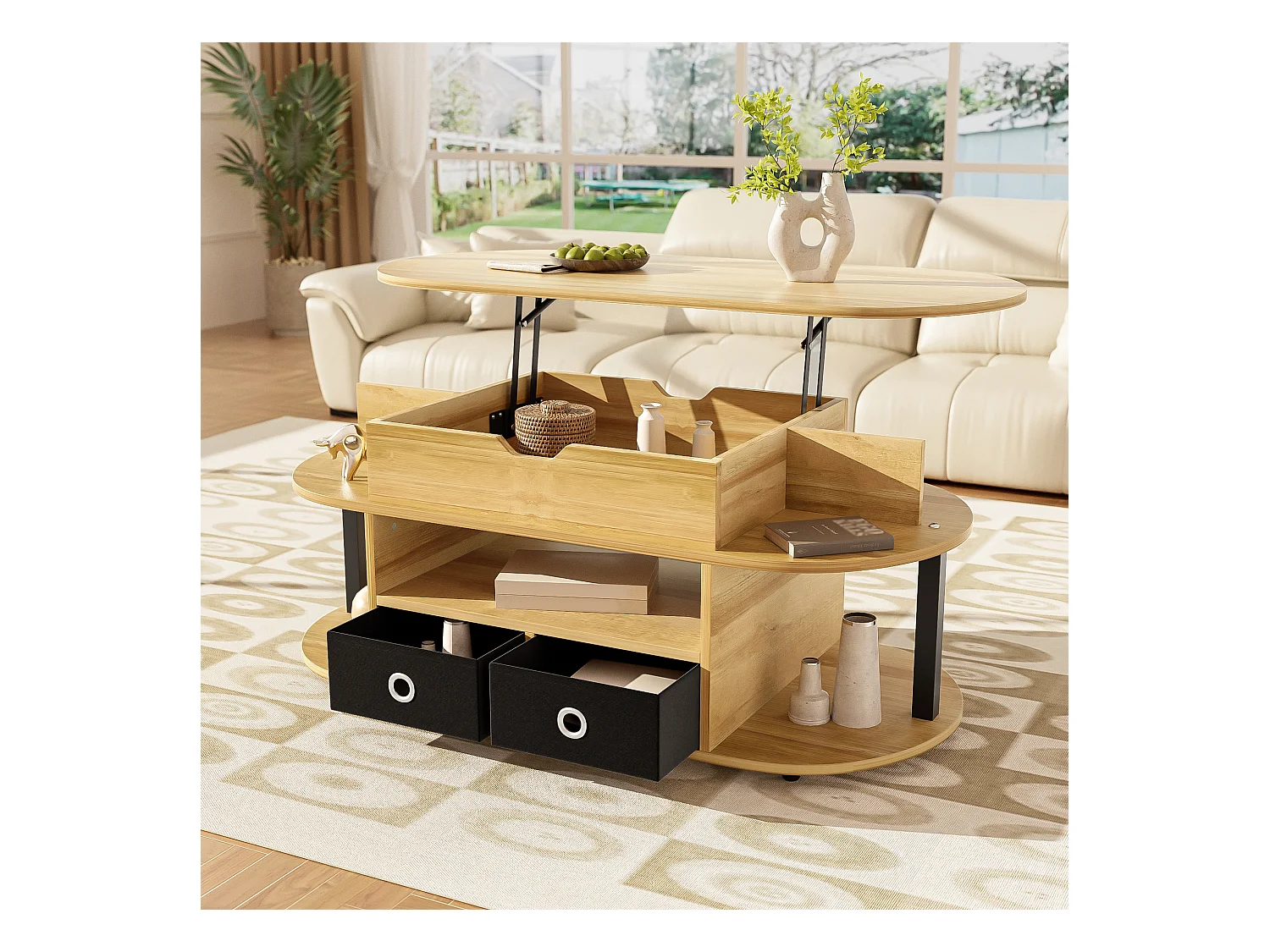 URBAN MEUBLE Table basse revelable effet bois rangement et tiroirs en tissu noir 105*50cm