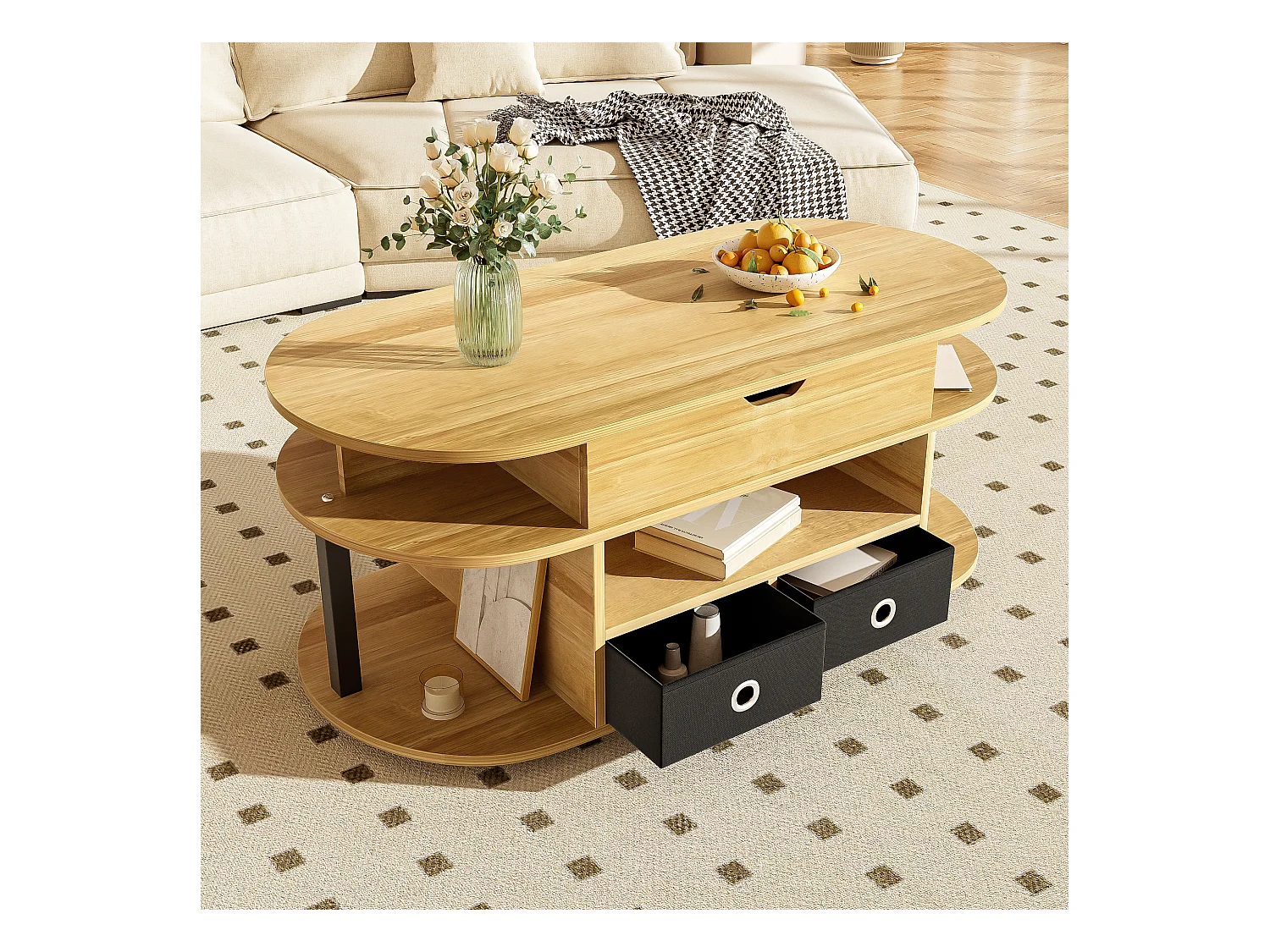 URBAN MEUBLE Table basse revelable effet bois rangement et tiroirs en tissu noir 105*50cm