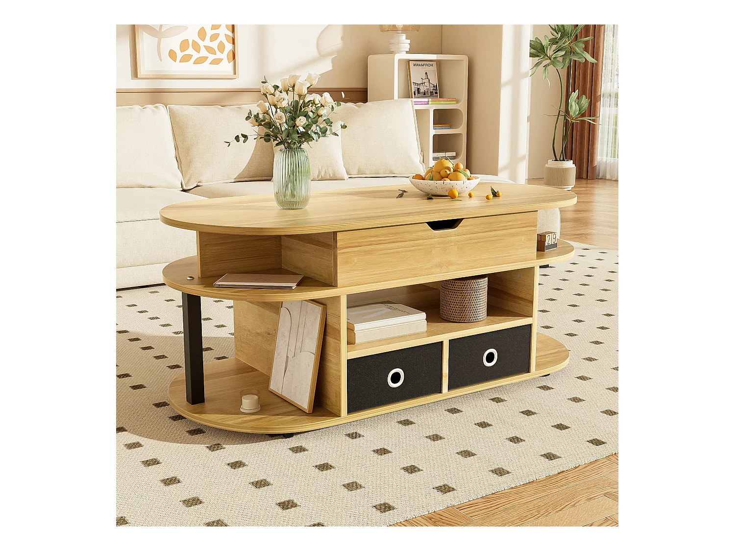 URBAN MEUBLE Table basse revelable effet bois rangement et tiroirs en tissu noir 105*50cm