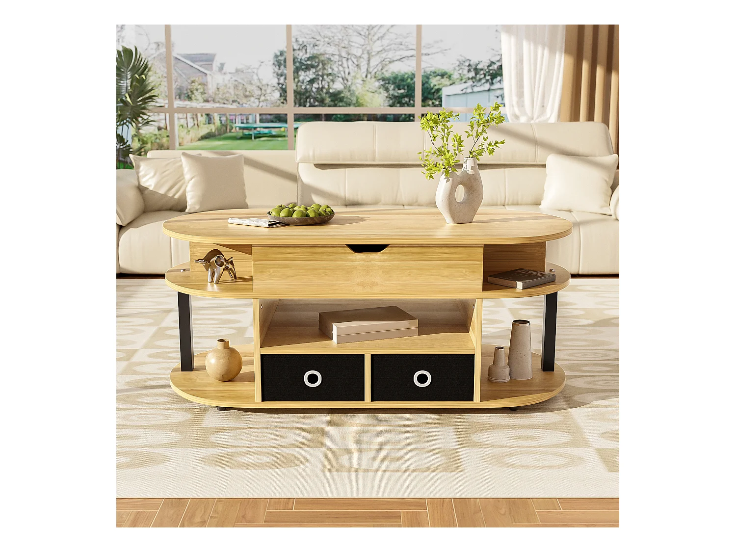 URBAN MEUBLE Table basse revelable effet bois rangement et tiroirs en tissu noir 105*50cm
