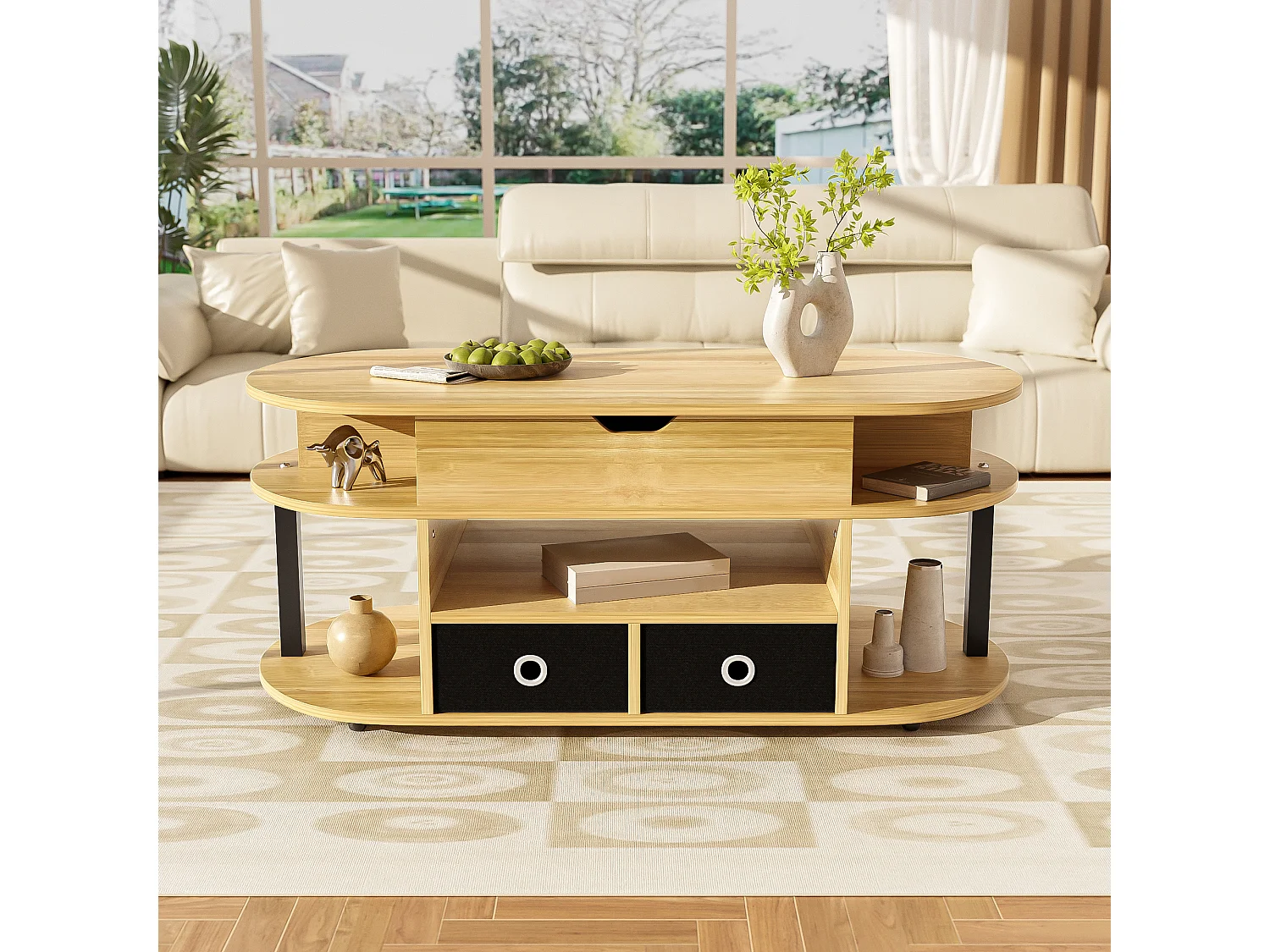 URBAN MEUBLE Table basse revelable effet bois rangement et tiroirs en tissu noir 105*50cm