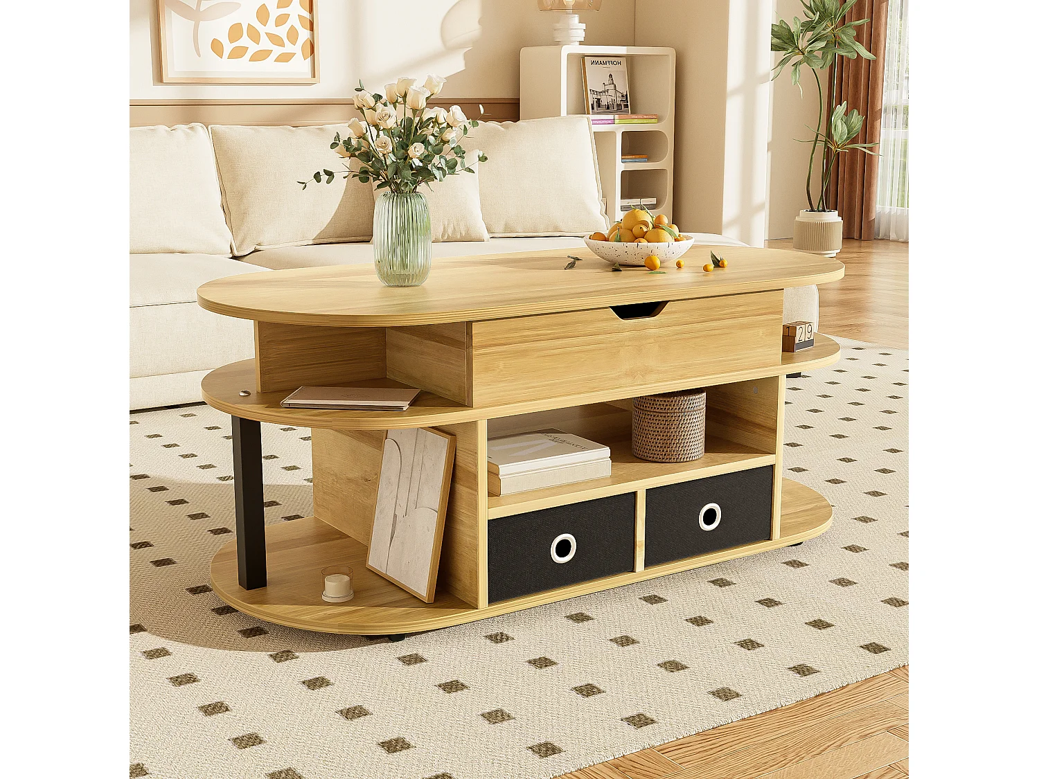 URBAN MEUBLE Table basse revelable effet bois rangement et tiroirs en tissu noir 105*50cm