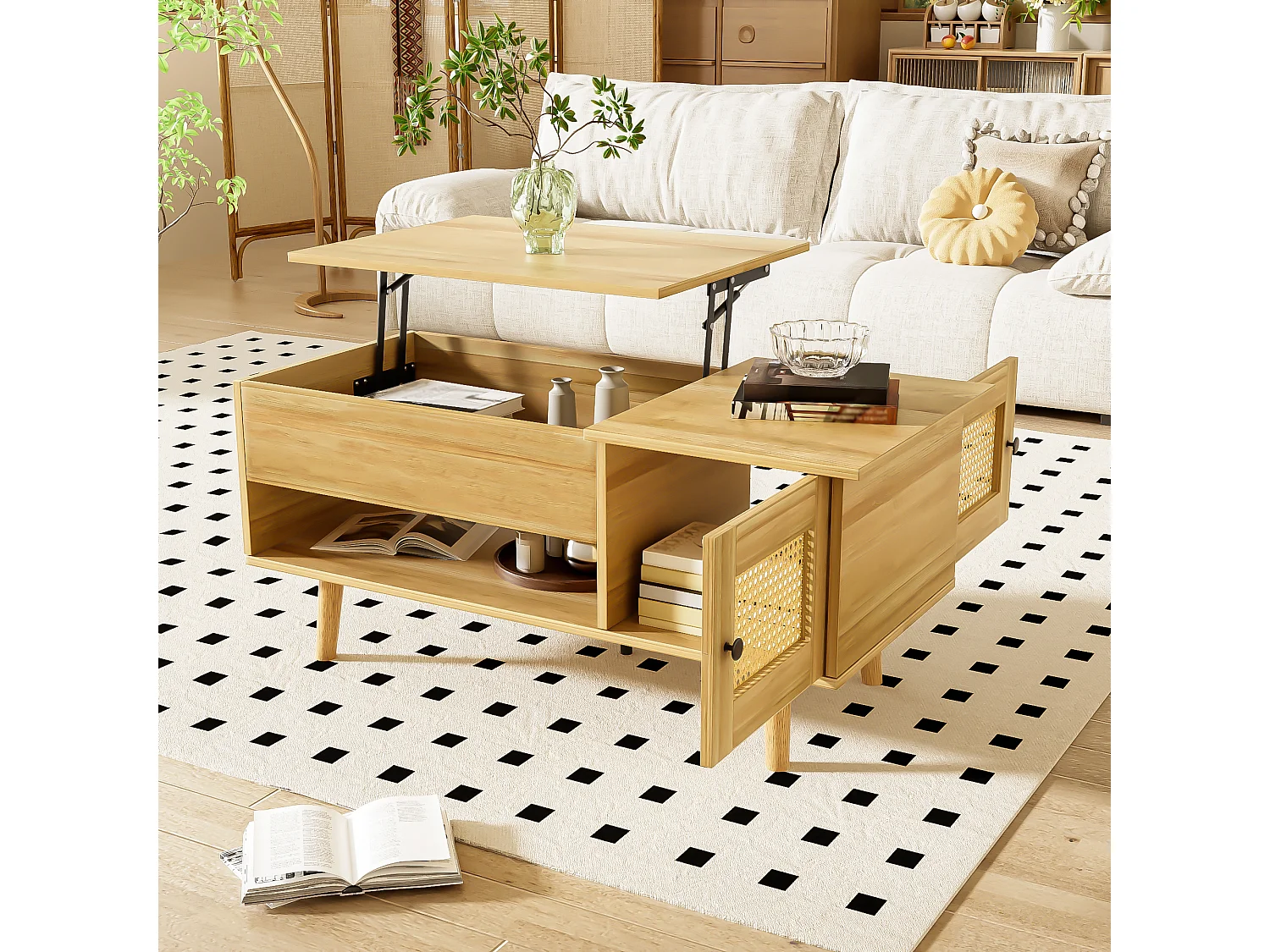 URBAN MEUBLE Table basse relevable effet bois 2 portes en rotin 103*50cm