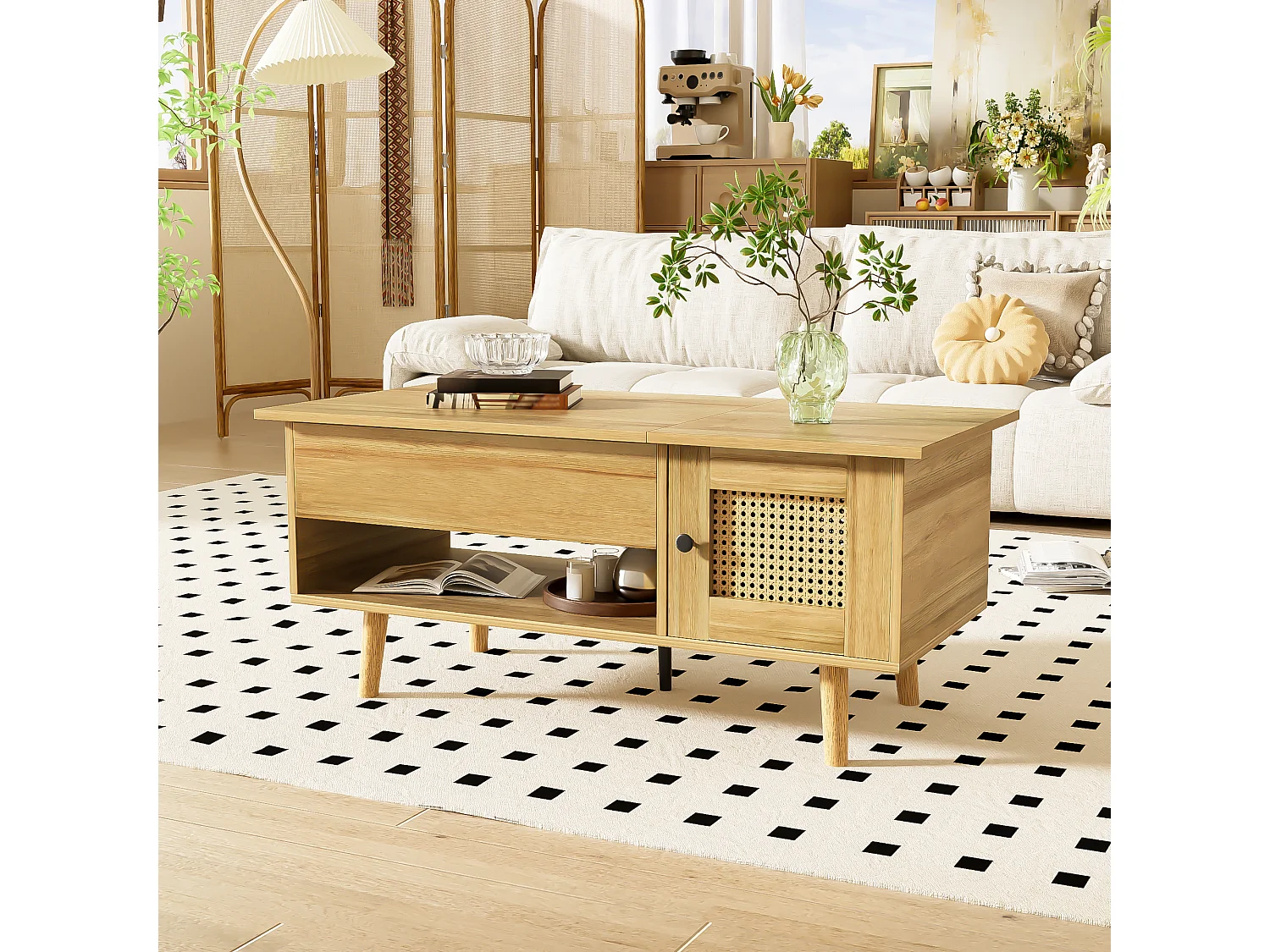 URBAN MEUBLE Table basse relevable effet bois 2 portes en rotin 103*50cm