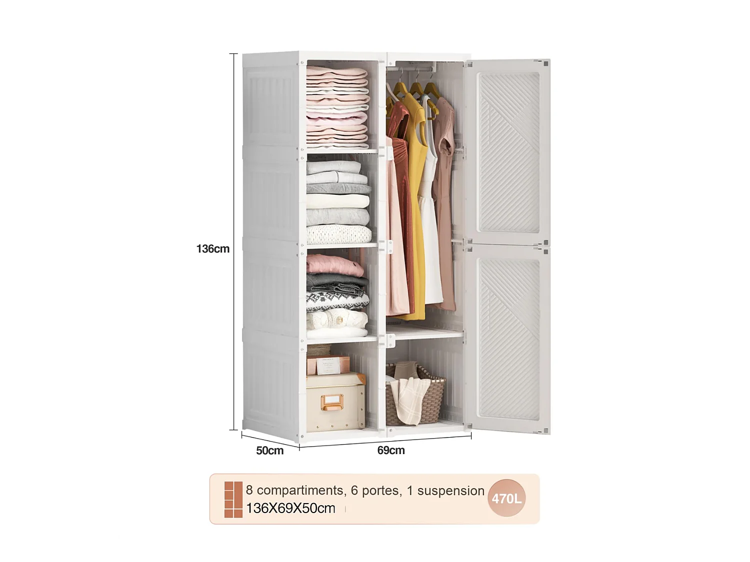 Casier gain de place, 6 compartiments, 69*136cm, Matériau PP,blanc