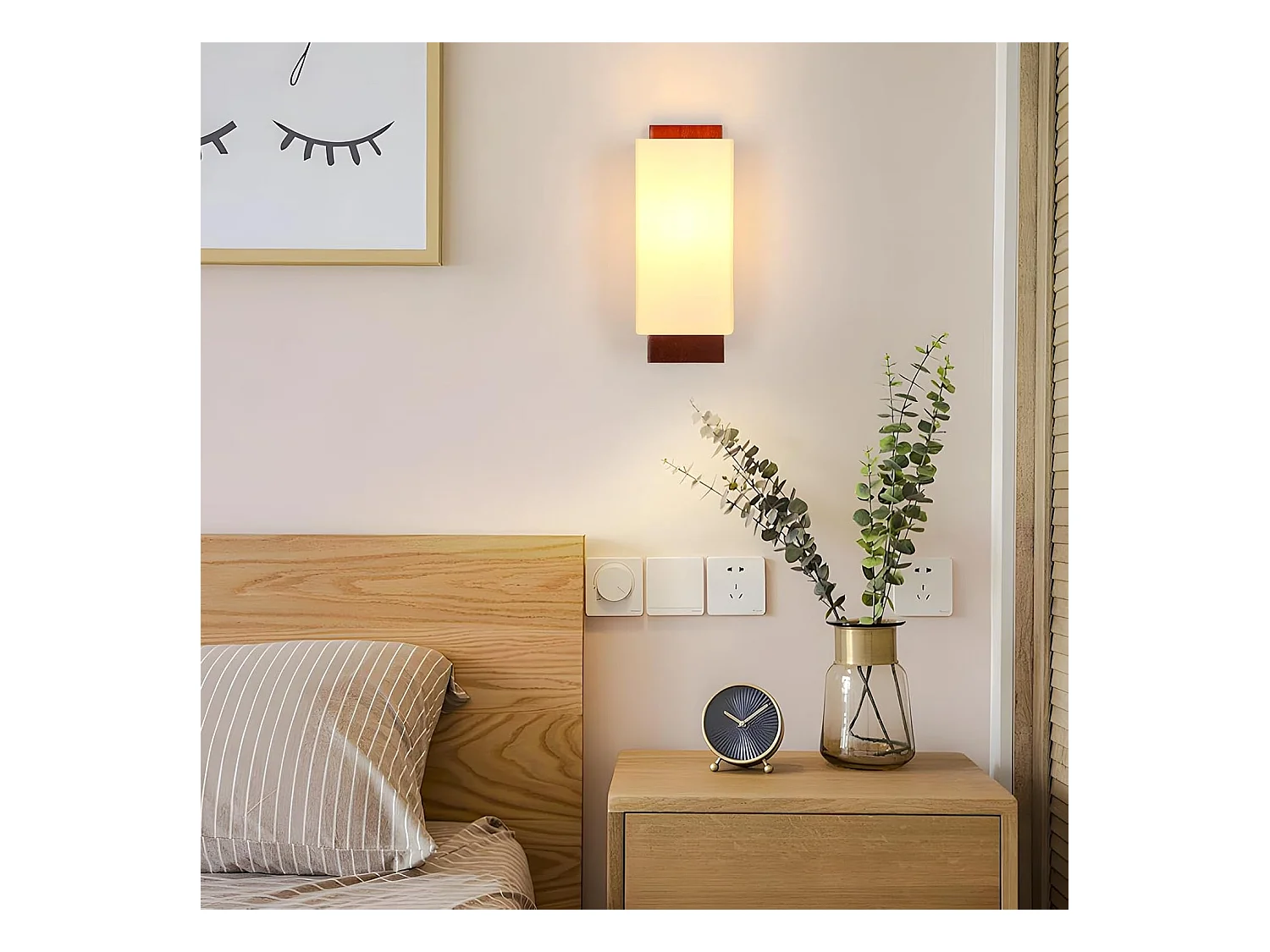 Applique Murale Intérieure Bois, Vintage E27 Lampe Murale Design Minimaliste, Abat-jour en Verre Applique Murale pour Chambre, Salon, Salle à Manger, Couloir, Café