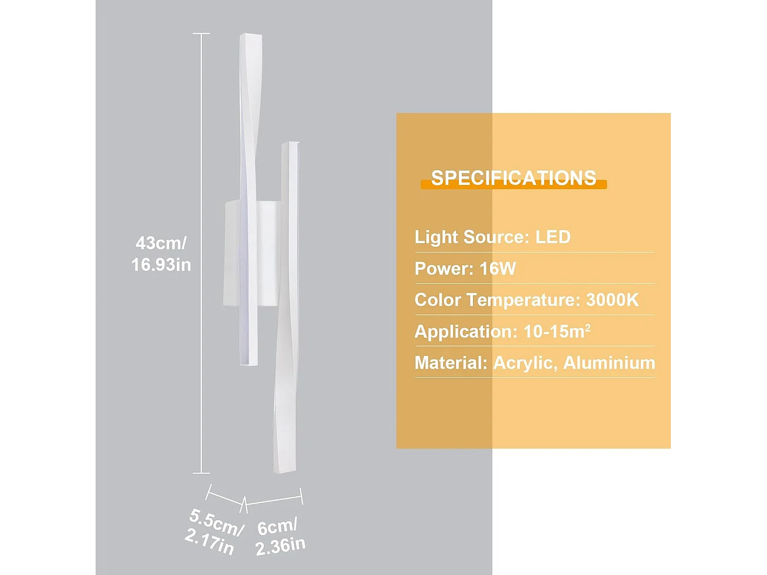 Applique Murale LED Intérieur 16W 1800LM - Design Moderne en Acrylique, 3000K Blanc Chaud Idéal Chambre/Salon/Couloir