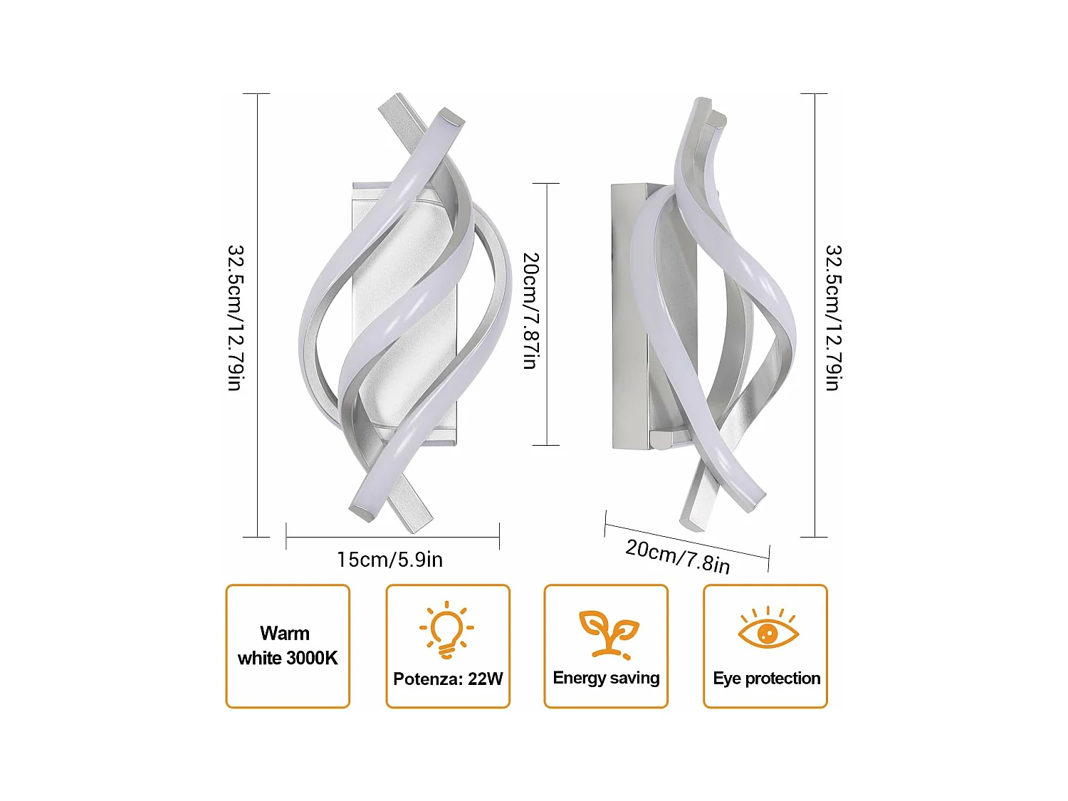 Applique Murale Intérieure LED, 22W Créative Argenté Lampe Murale Moderne 3000K Lumière Chaude, Acrylique Luminaire Mural Interieur pour Chambre