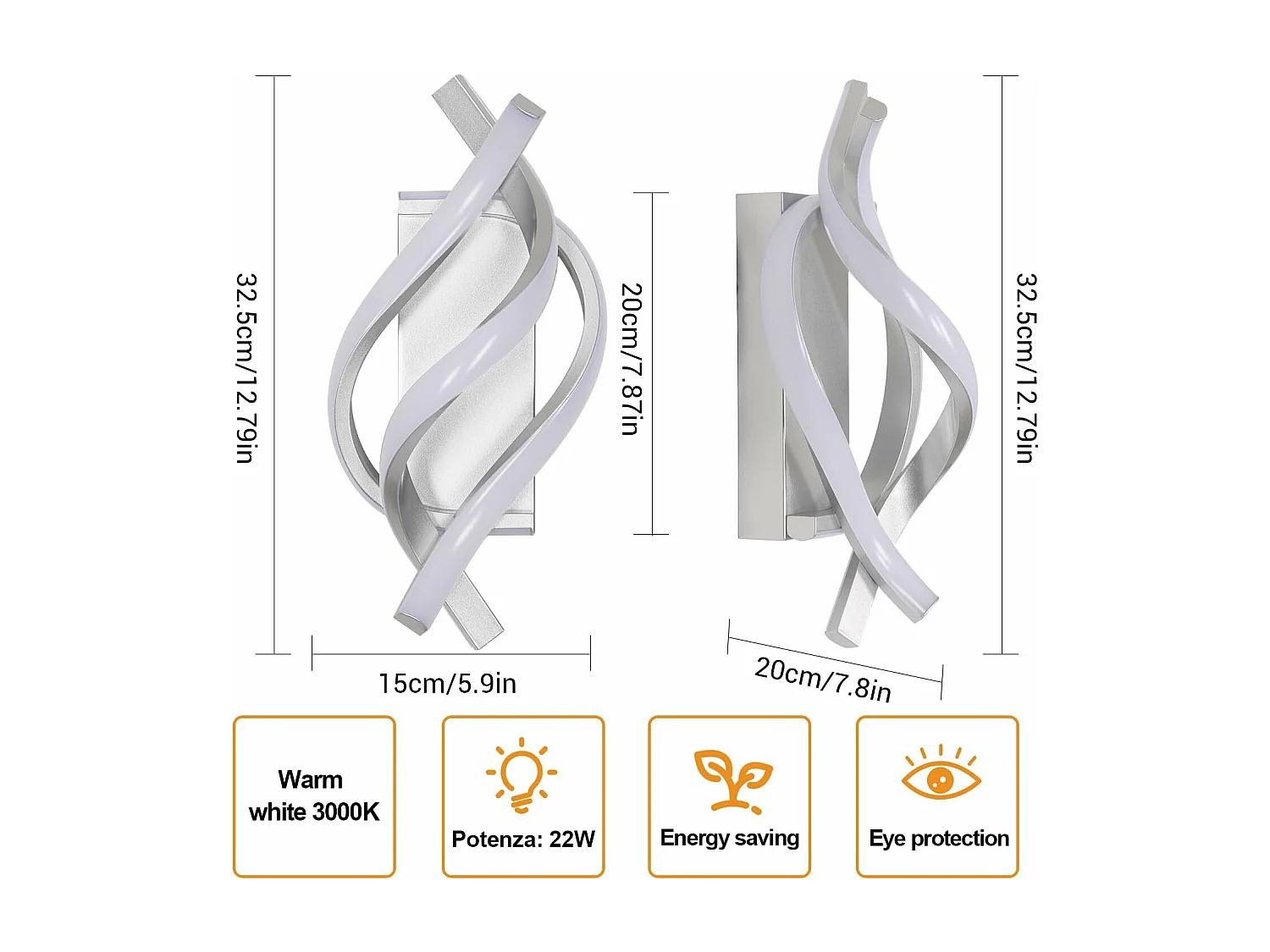 Applique Murale Intérieure LED, 22W Créative Argenté Lampe Murale Moderne 3000K Lumière Chaude, Acrylique Luminaire Mural Interieur pour Chambre