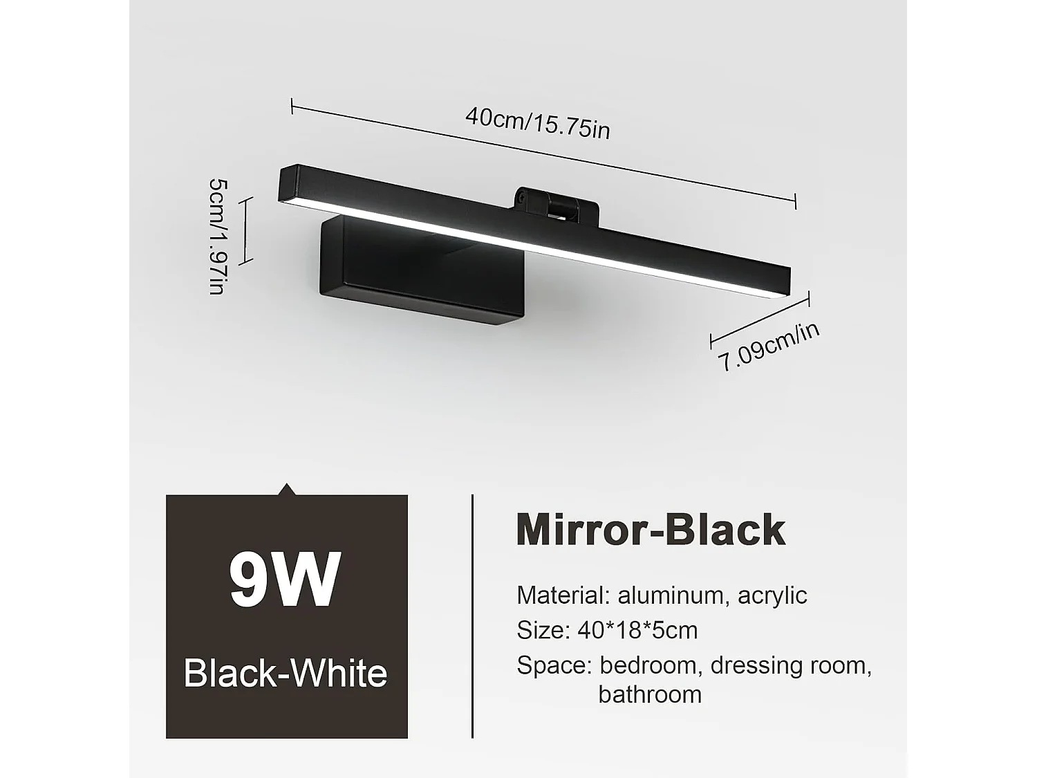 Lampe Miroir Salle de Bain 9W 1100LM 220V, 40cm Lampe Miroir Applique LED Salle de Bain, Blanc Froid 6500K Luminaire Salle de Bain IP40, Noir