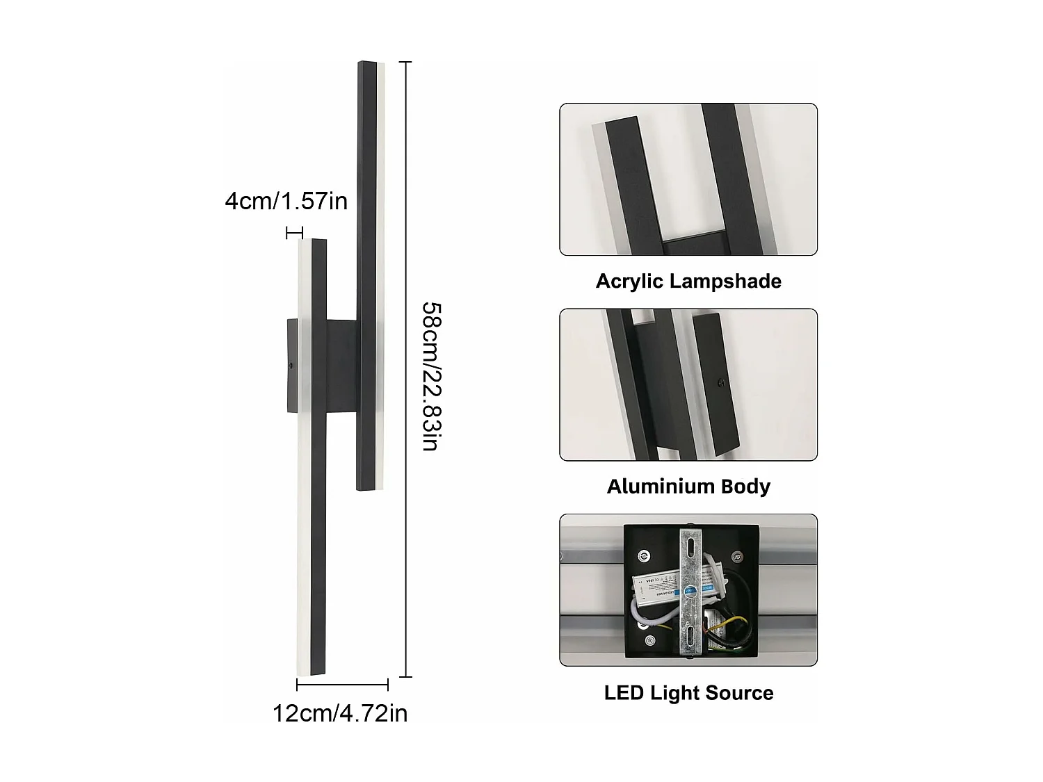 Applique Murale LED Moderne 16W IP44 Étanche - Luminaire Mural Blanc Froid 6500K pour SDB/Chambre/Salon/Couloir/Escalier - Design Noir 58cm