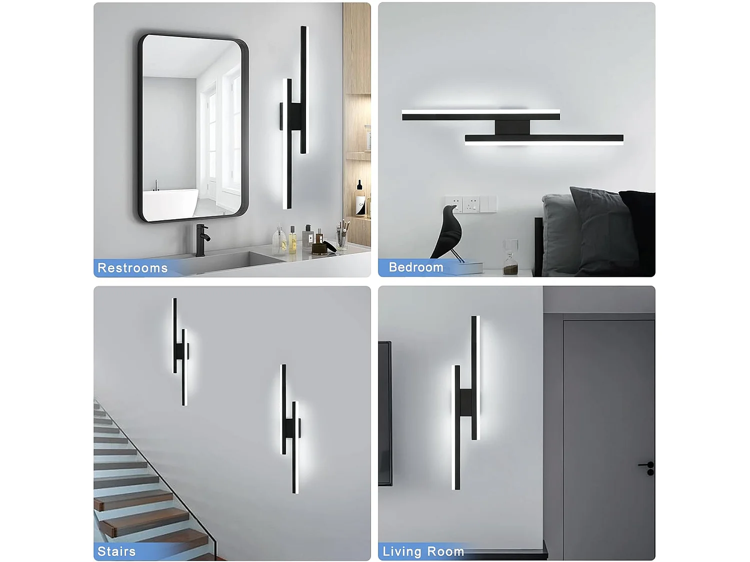 Applique Murale LED Moderne 16W IP44 Étanche - Luminaire Mural Blanc Froid 6500K pour SDB/Chambre/Salon/Couloir/Escalier - Design Noir 58cm