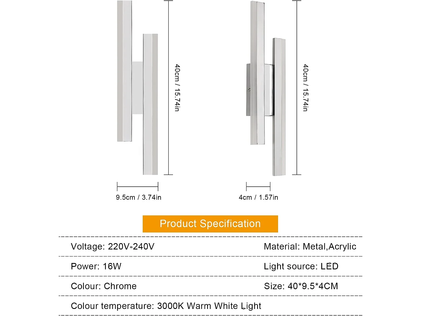Applique Murale LED Moderne 16W 3000K Blanc Chaud, Luminaire Acrylique 40cm pour Salon, Chambre, Escalier & Couloir
