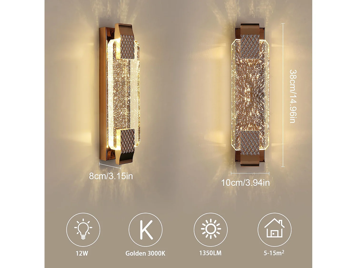 Applique Murale LED 12W Or Moderne en Cristal - Lumière Chaude 3000K pour Salon, Chambre, Cuisine - Éclairage Mural Élégant Multiusage