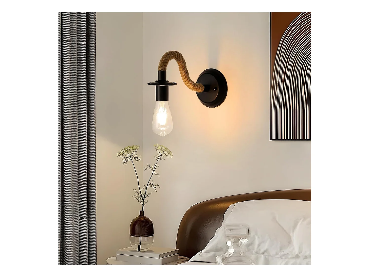 Lampe murale vintage, lampe murale E27 en ficelle noire, lampe murale industrielle d'intérieur pour la chambre, le salon, les escaliers et le couloir (sans ampoule)