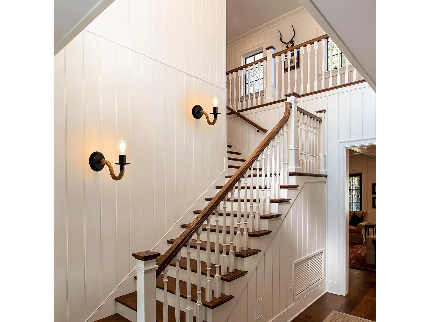 Lampe murale vintage, lampe murale E27 en ficelle noire, lampe murale industrielle d'intérieur pour la chambre, le salon, les escaliers et le couloir (sans ampoule)