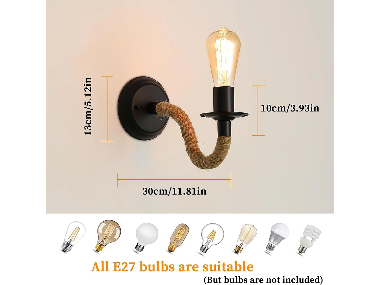 Lampe murale vintage, lampe murale E27 en ficelle noire, lampe murale industrielle d'intérieur pour la chambre, le salon, les escaliers et le couloir (sans ampoule)