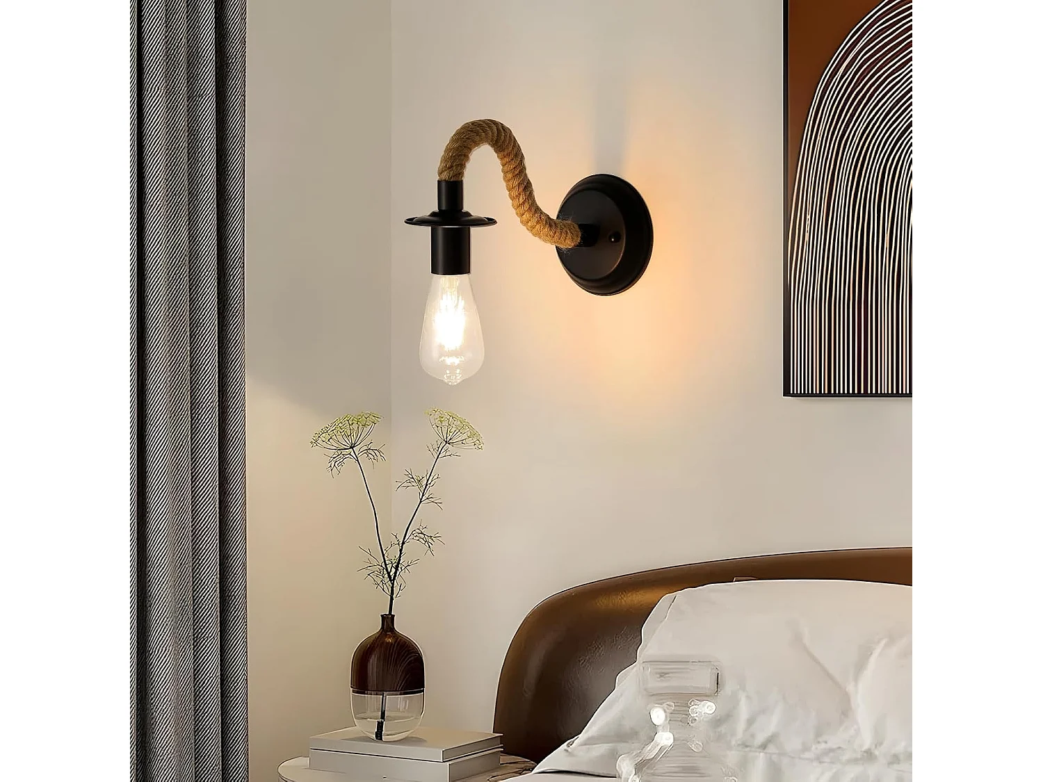Lampe murale vintage, lampe murale E27 en ficelle noire, lampe murale industrielle d'intérieur pour la chambre, le salon, les escaliers et le couloir (sans ampoule)