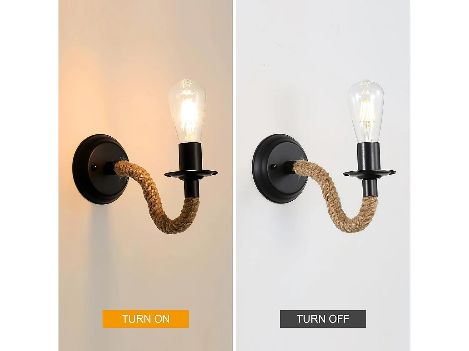 Lampe murale vintage, lampe murale E27 en ficelle noire, lampe murale industrielle d'intérieur pour la chambre, le salon, les escaliers et le couloir (sans ampoule)