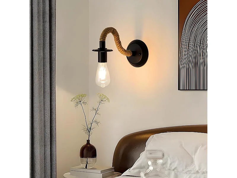 Lampe murale vintage, lampe murale E27 en ficelle noire, lampe murale industrielle d'intérieur pour la chambre, le salon, les escaliers et le couloir (sans ampoule)
