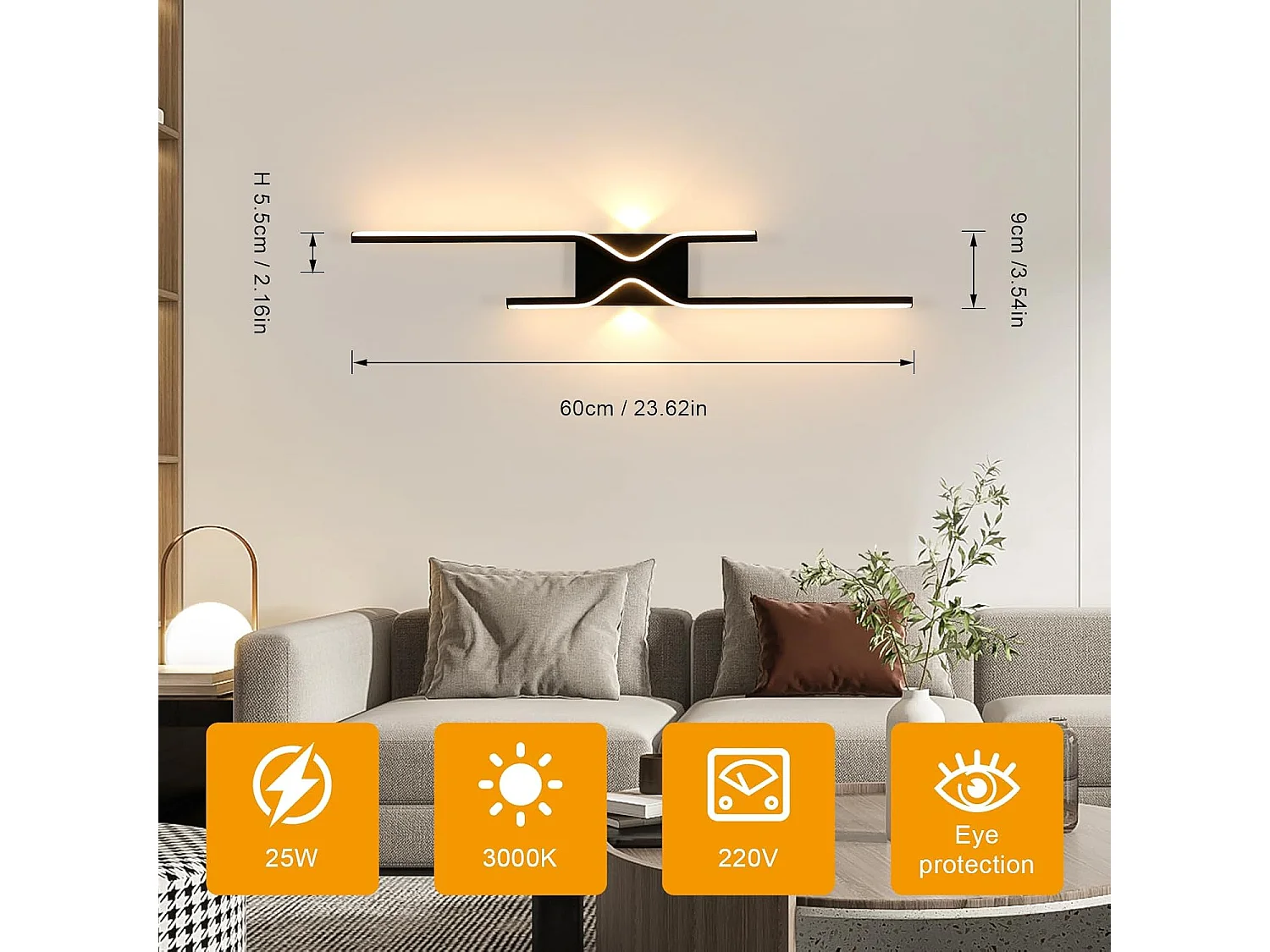 Applique Murale Intérieure LED 25W, Minimaliste Design Lampe Murale Moderne, Noir Acrylique Luminaire Mural pour Chambre Couloir  , Blanc Chaud 3000K