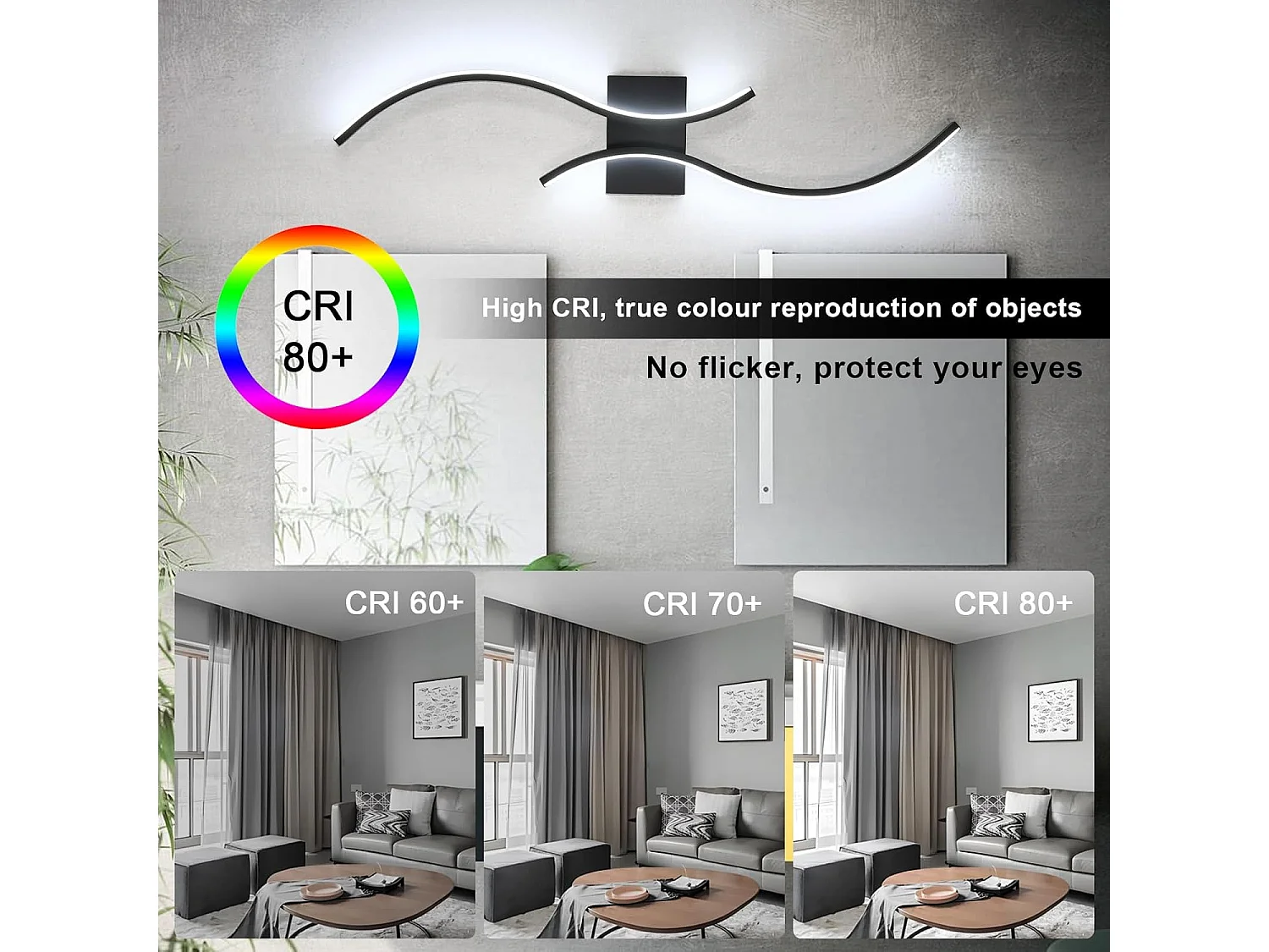 Applique Murale LED 27W 80cm Design Noir Incurvé - Éclairage Moderne pour Salon, Chambre, Couloir. Lumière Froide 6500K
