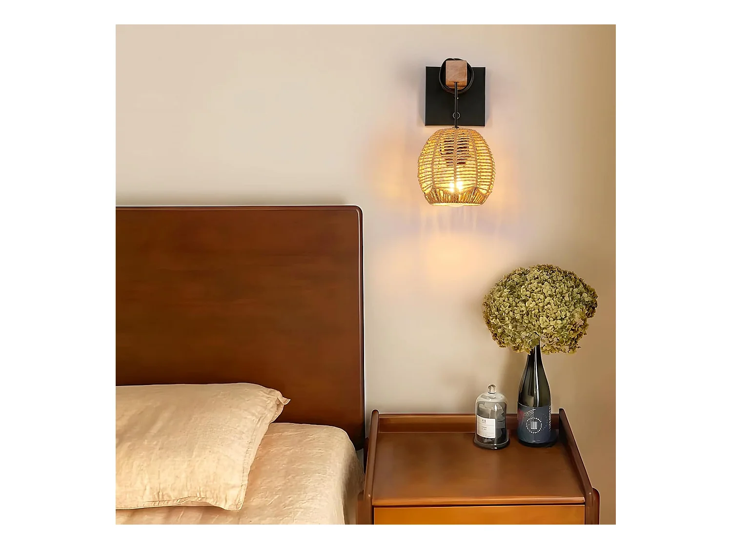 Applique Murale Rotin Vintage - Luminaire Intérieur avec Interrupteur en Bois/Métal pour Salon/Chambre/Couloir/Salle à Manger - E27 Sans Ampoule Included