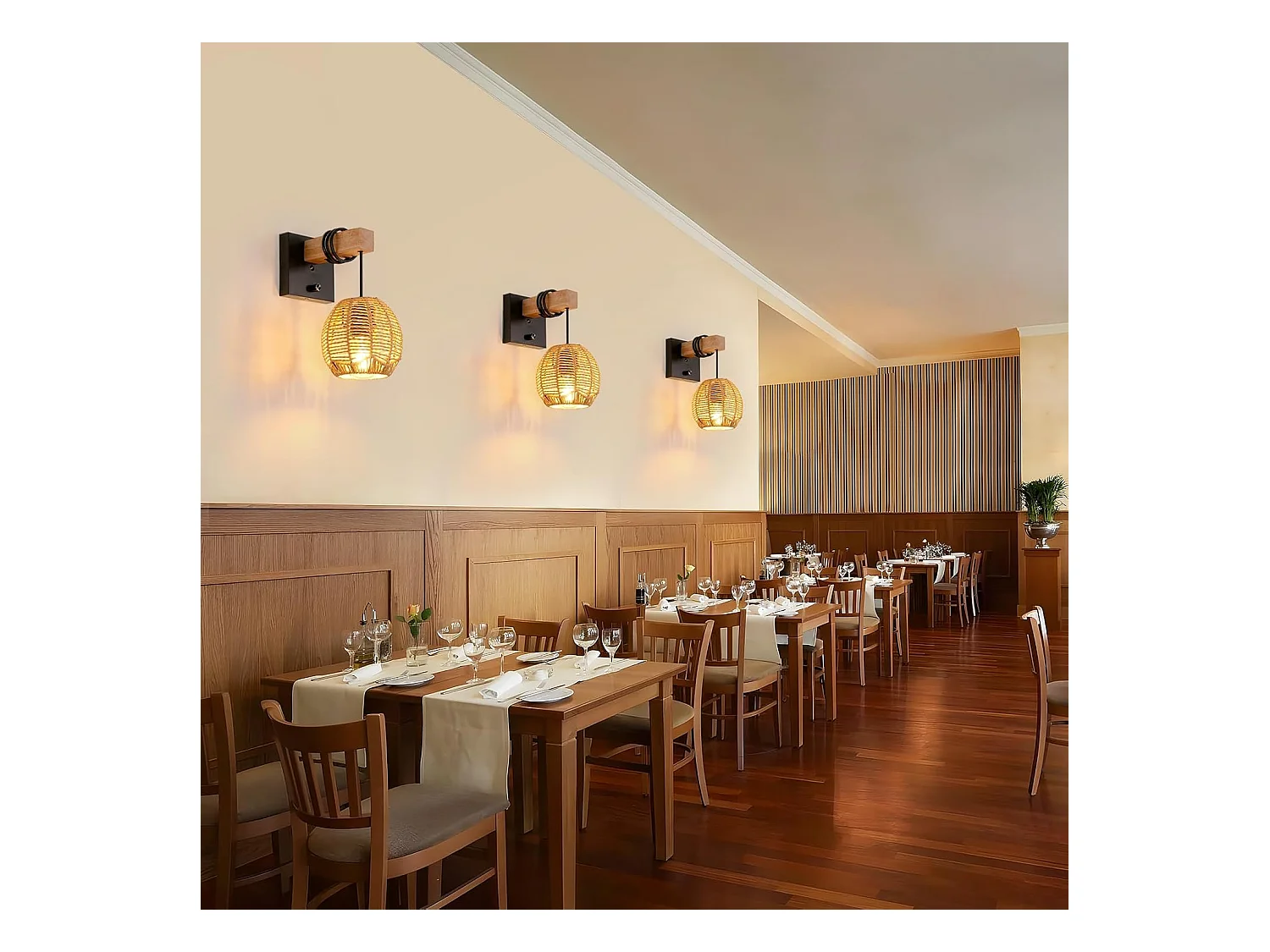 Applique Murale Rotin Vintage - Luminaire Intérieur avec Interrupteur en Bois/Métal pour Salon/Chambre/Couloir/Salle à Manger - E27 Sans Ampoule Included