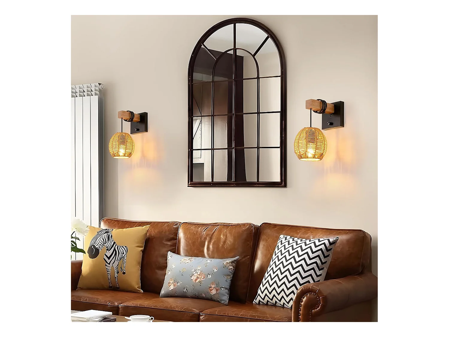 Applique Murale Rotin Vintage - Luminaire Intérieur avec Interrupteur en Bois/Métal pour Salon/Chambre/Couloir/Salle à Manger - E27 Sans Ampoule Included