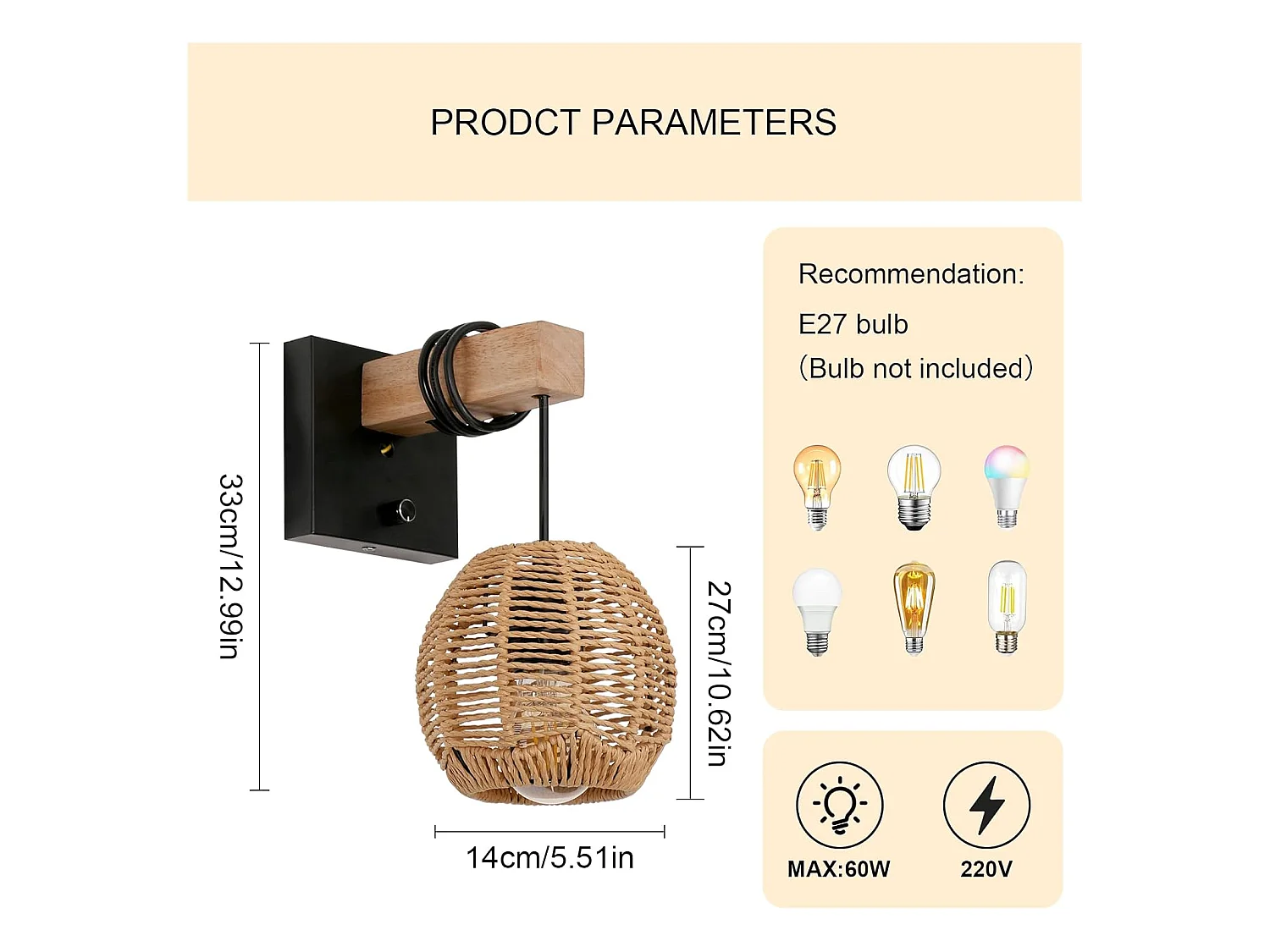 Applique Murale Rotin Vintage - Luminaire Intérieur avec Interrupteur en Bois/Métal pour Salon/Chambre/Couloir/Salle à Manger - E27 Sans Ampoule Included