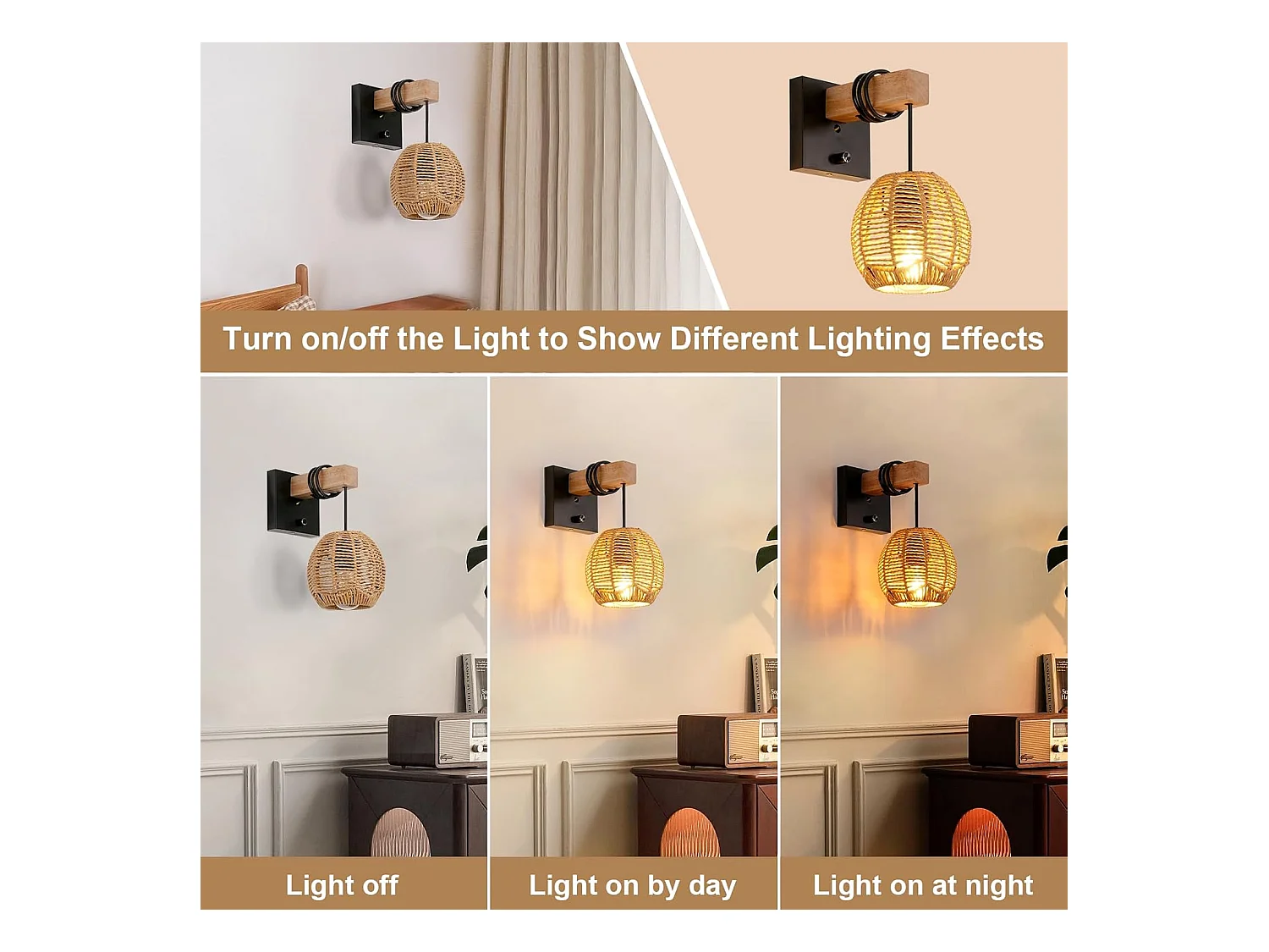 Applique Murale Rotin Vintage - Luminaire Intérieur avec Interrupteur en Bois/Métal pour Salon/Chambre/Couloir/Salle à Manger - E27 Sans Ampoule Included