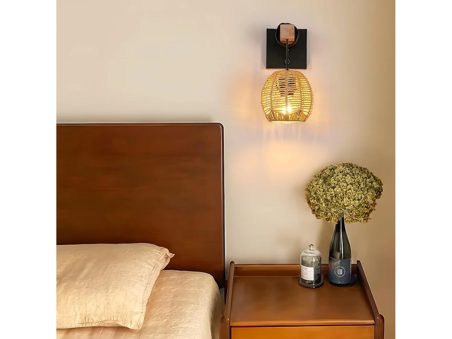 Applique Murale Rotin Vintage - Luminaire Intérieur avec Interrupteur en Bois/Métal pour Salon/Chambre/Couloir/Salle à Manger - E27 Sans Ampoule Included