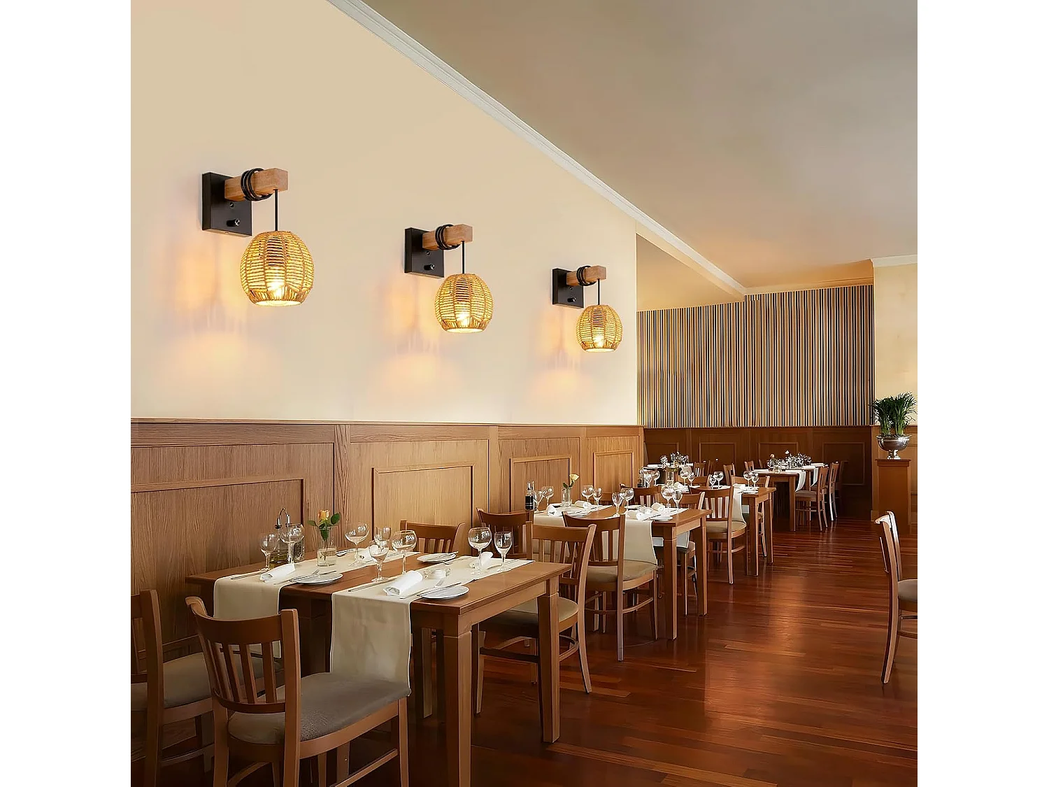 Applique Murale Rotin Vintage - Luminaire Intérieur avec Interrupteur en Bois/Métal pour Salon/Chambre/Couloir/Salle à Manger - E27 Sans Ampoule Included