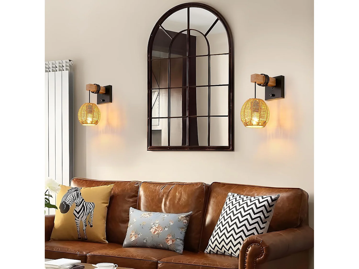 Applique Murale Rotin Vintage - Luminaire Intérieur avec Interrupteur en Bois/Métal pour Salon/Chambre/Couloir/Salle à Manger - E27 Sans Ampoule Included