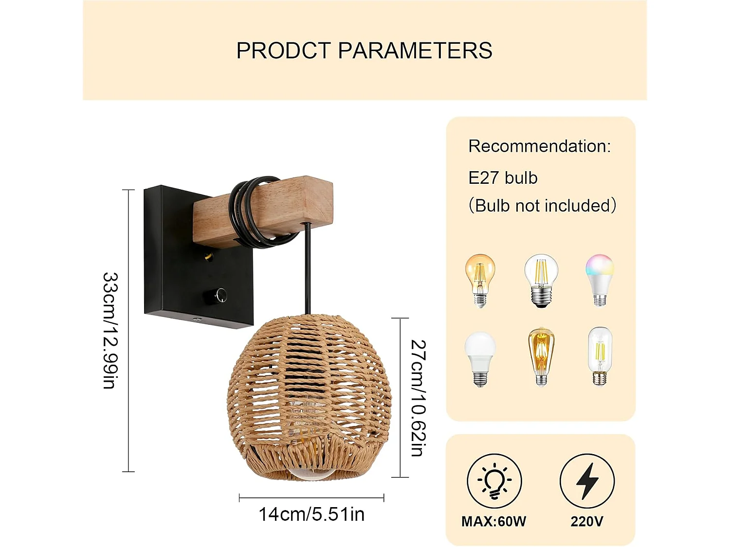 Applique Murale Rotin Vintage - Luminaire Intérieur avec Interrupteur en Bois/Métal pour Salon/Chambre/Couloir/Salle à Manger - E27 Sans Ampoule Included