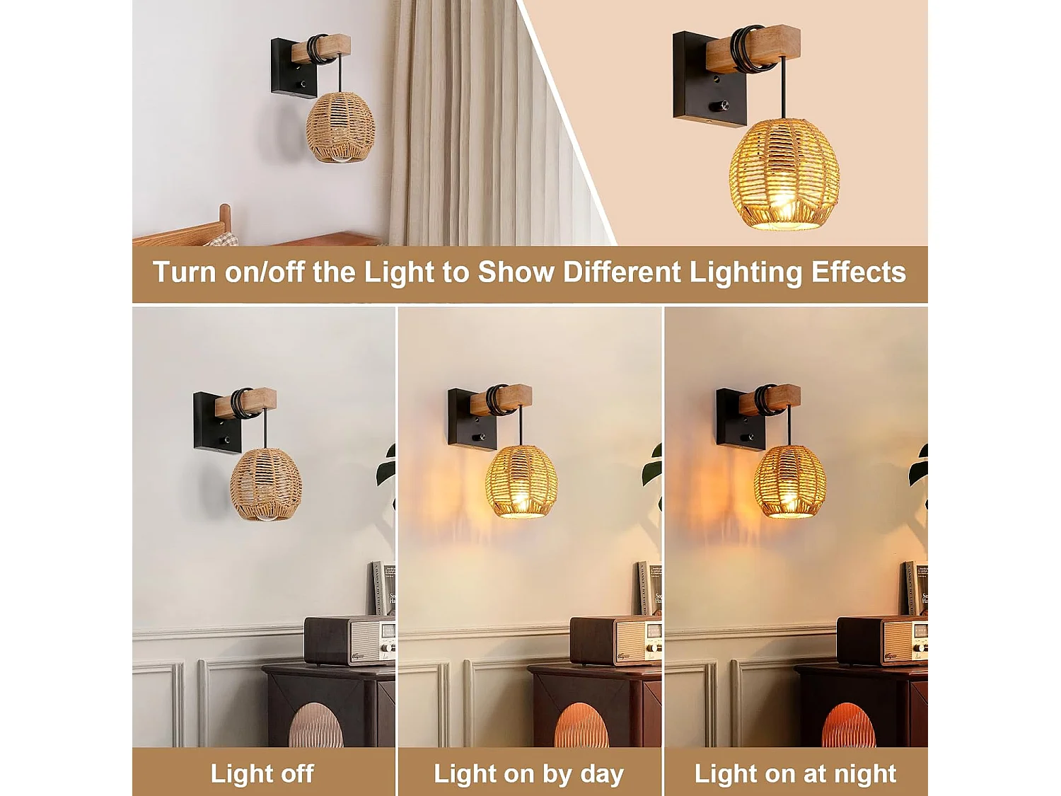 Applique Murale Rotin Vintage - Luminaire Intérieur avec Interrupteur en Bois/Métal pour Salon/Chambre/Couloir/Salle à Manger - E27 Sans Ampoule Included