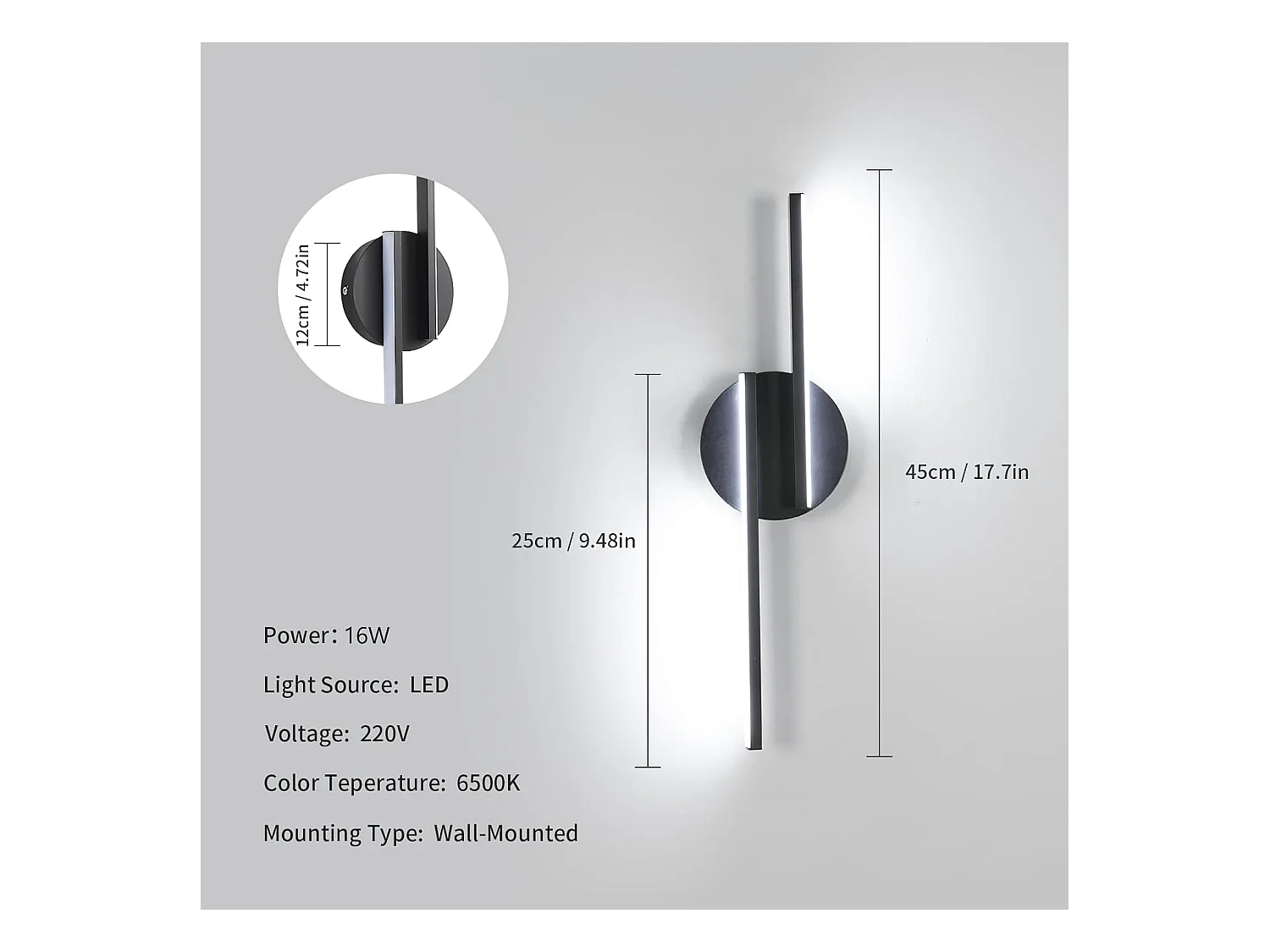 Applique Murale Intérieure LED, 16W Lampe Murale Moderne, Blanche Froide 6500K Luminaire Mural Interieur pour Chambre, Salon, Couloir, Escalier, 45cm