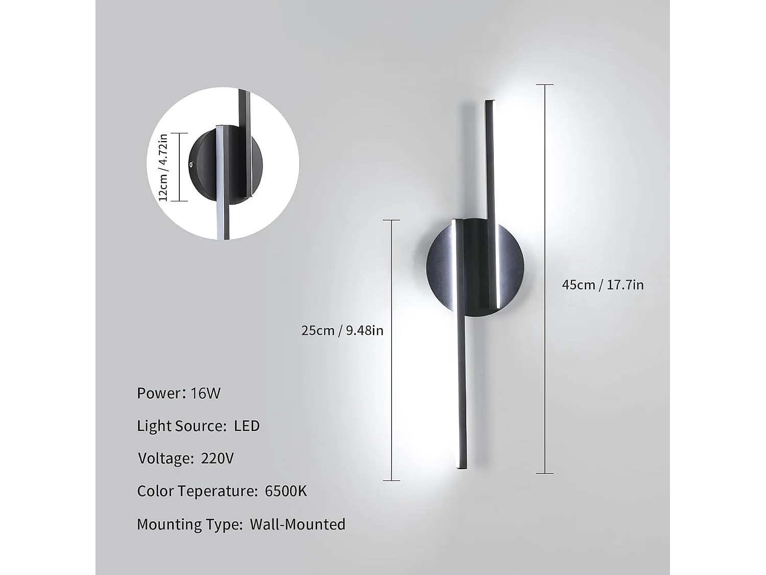 Applique Murale Intérieure LED, 16W Lampe Murale Moderne, Blanche Froide 6500K Luminaire Mural Interieur pour Chambre, Salon, Couloir, Escalier, 45cm