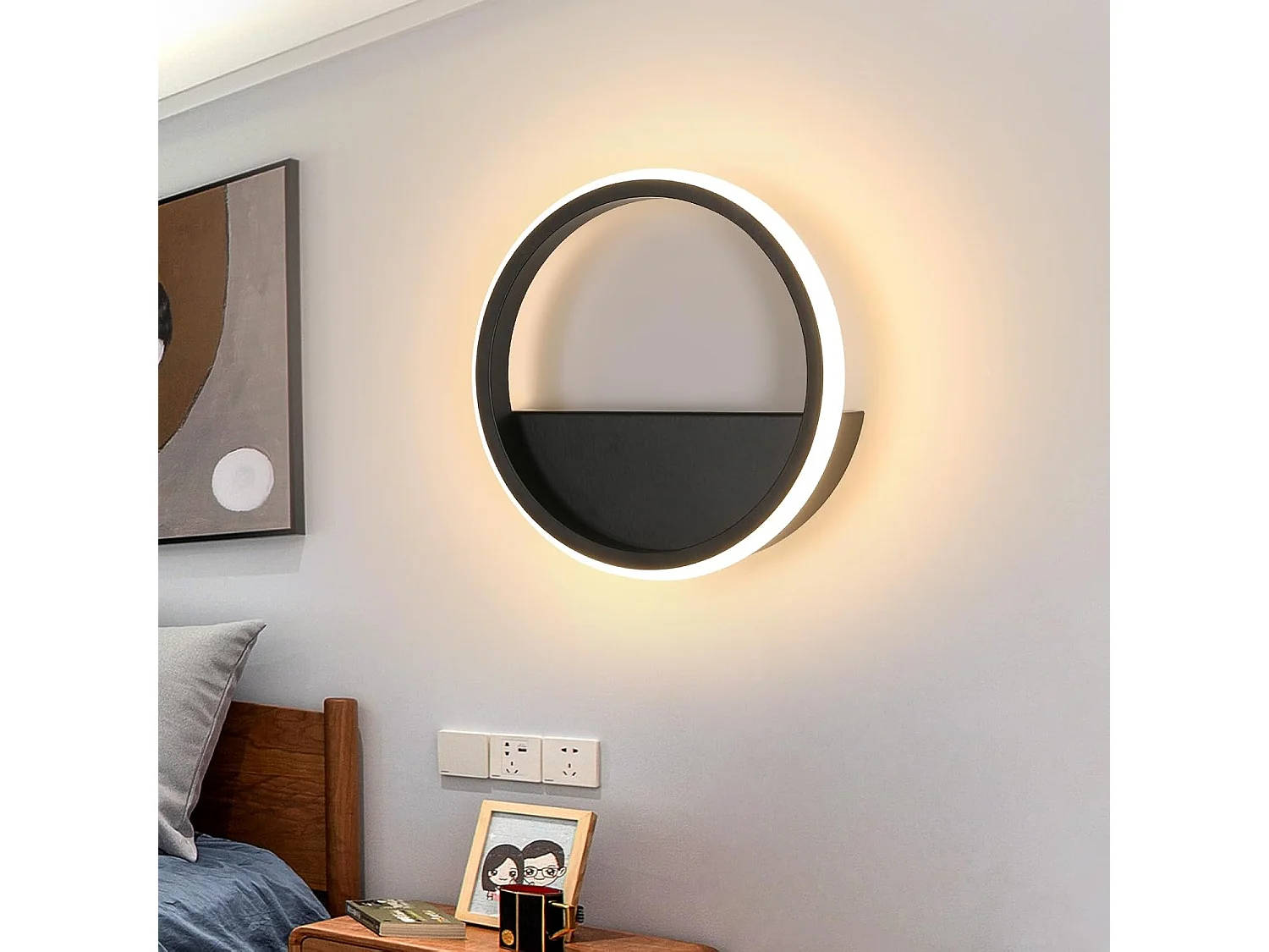 Applique Murale LED Ronde 12W Moderne - Aluminium Noir, 3000K Blanc Chaud Ø20cm, Décoration Salon/Chambre/Couloir/Escalier