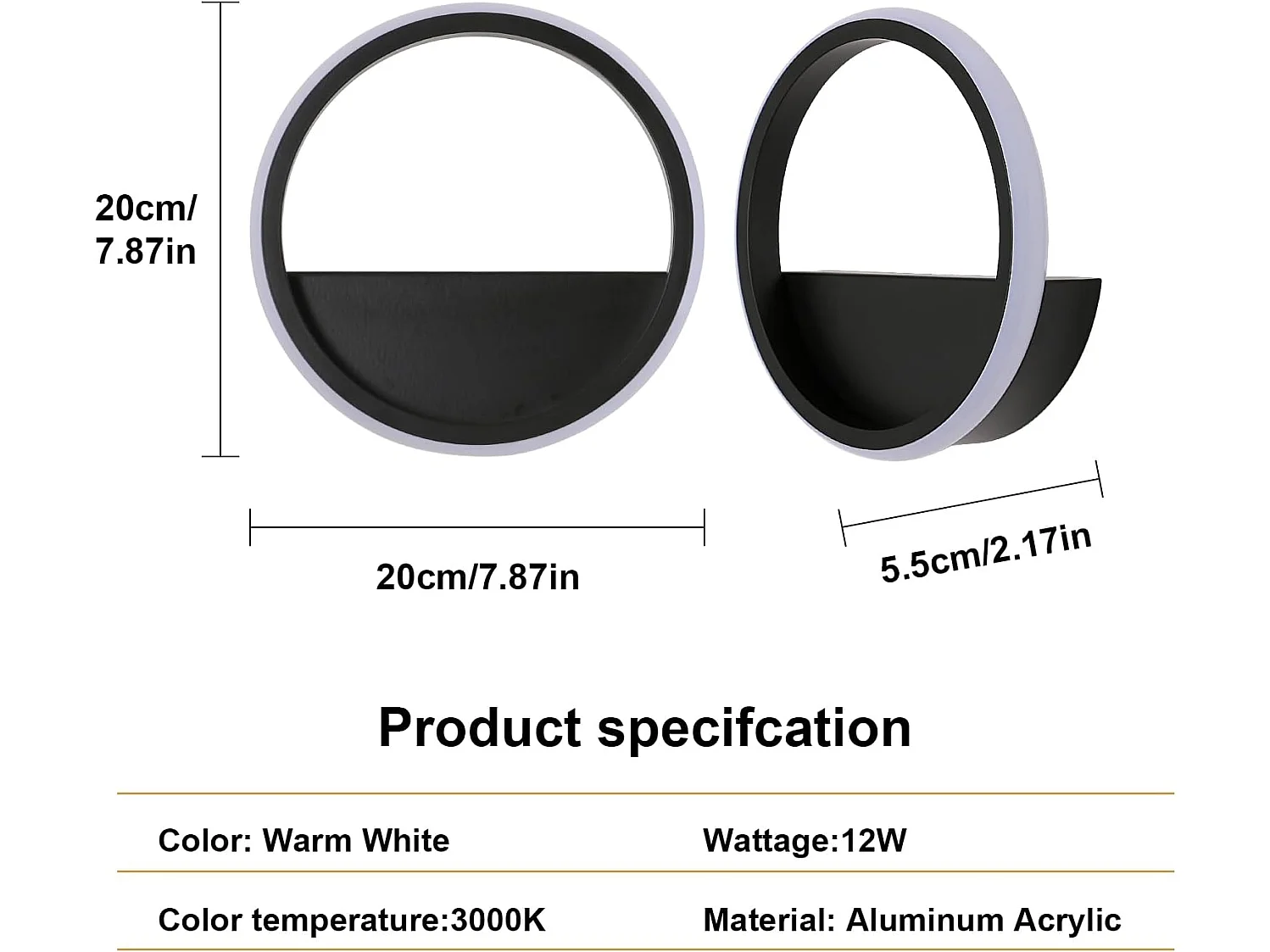 Applique Murale LED Ronde 12W Moderne - Aluminium Noir, 3000K Blanc Chaud Ø20cm, Décoration Salon/Chambre/Couloir/Escalier