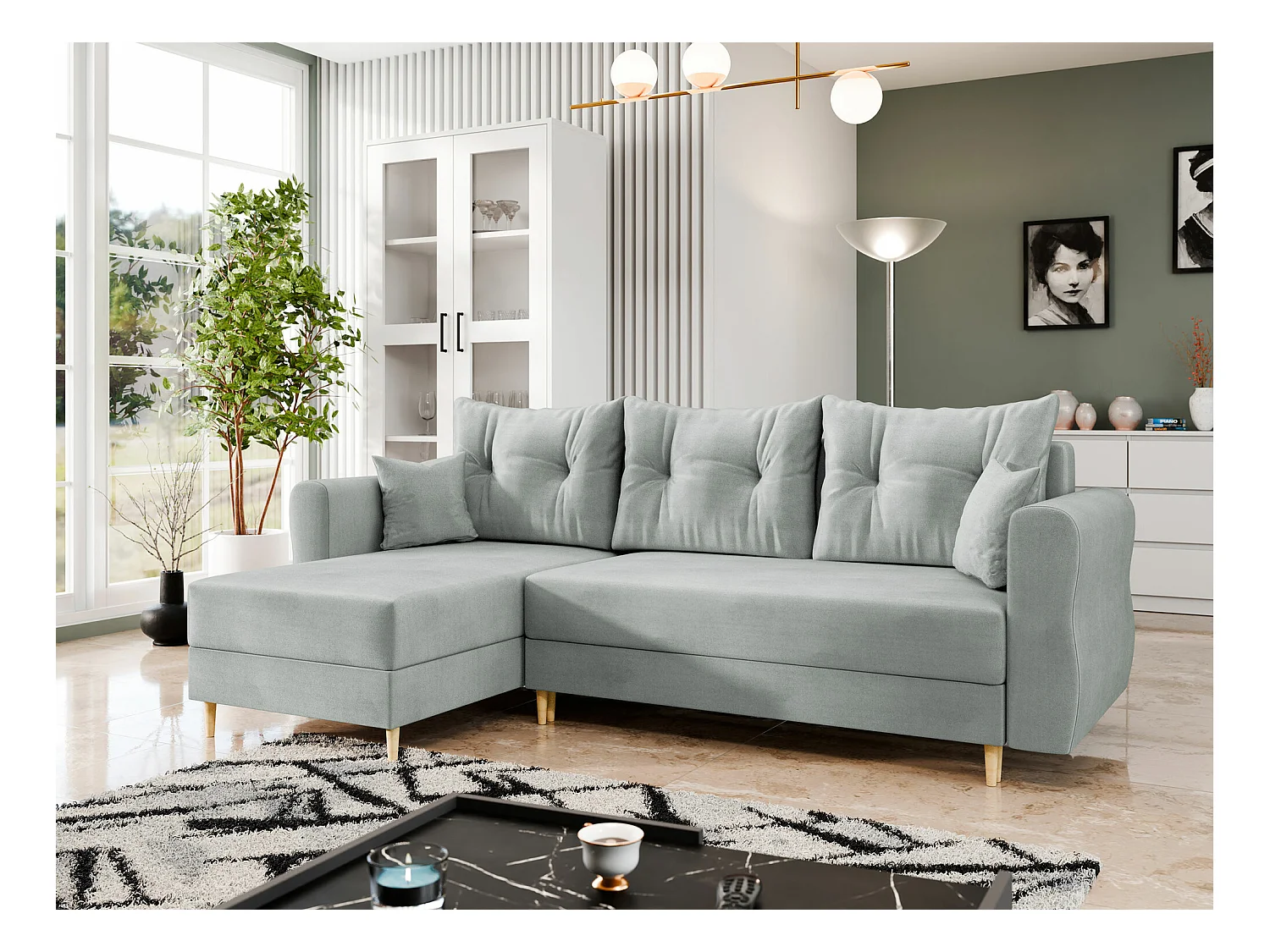 Sofá rinconero Veldala 102, Gris, Función de descanso, Almacenaje, 238x138x85cm