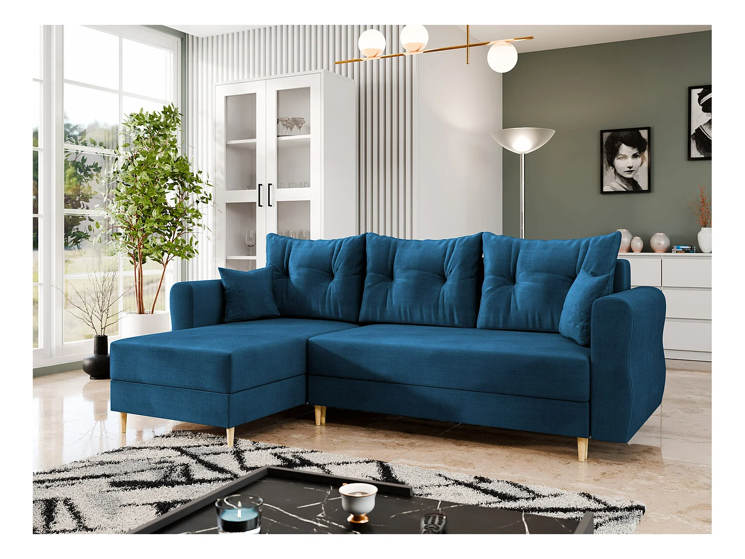 Canapé d'angle Veldala 102, Bleu, Fonction de couchage, Boîte de literie, 238x138x85cm