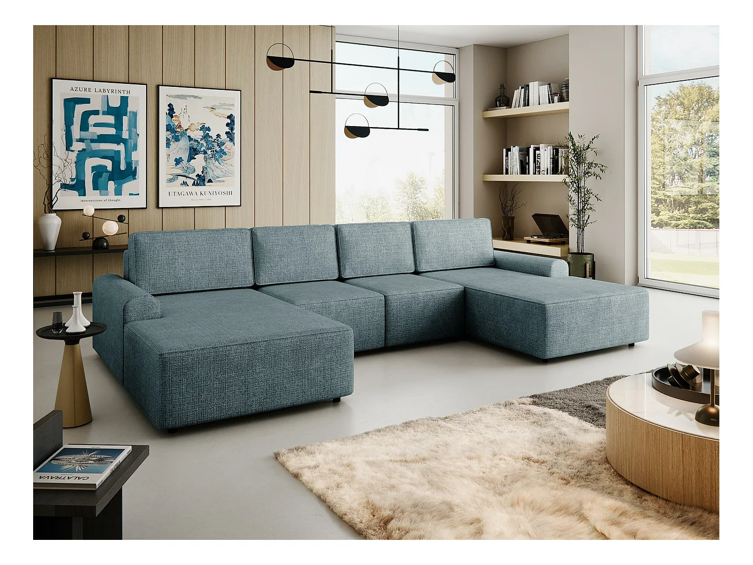 Canapé d'angle Stonecrest 106, Bleu, Fonction de couchage, Boîte de literie, 338x168x85cm