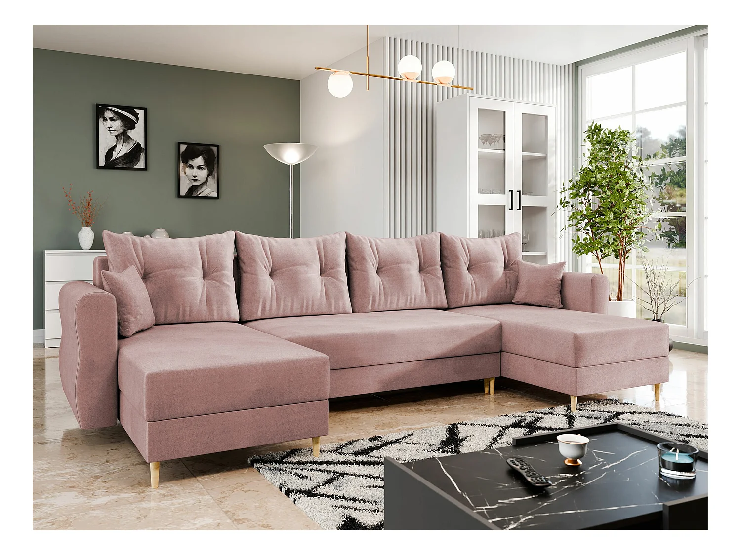 Sofá rinconero Veldala 103, Rosa, Función de descanso, Almacenaje, 310x138x85cm