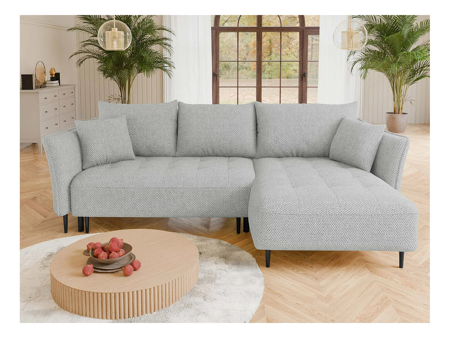 Canapé d'angle TrendyNest 102, Gris, Fonction de couchage, Boîte de literie, 276x158x94cm