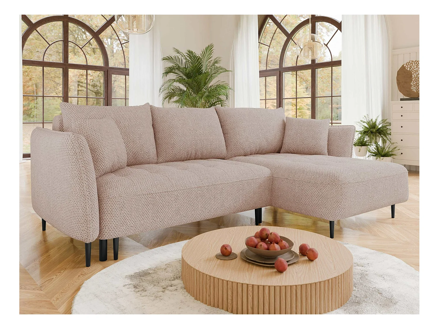 Canapé d'angle TrendyNest 102, Rose, Fonction de couchage, Boîte de literie, 276x158x94cm