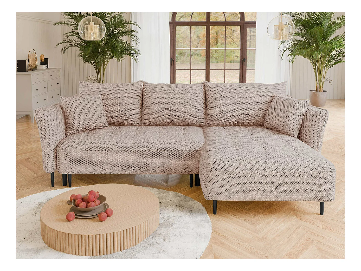 Canapé d'angle TrendyNest 102, Rose, Fonction de couchage, Boîte de literie, 276x158x94cm