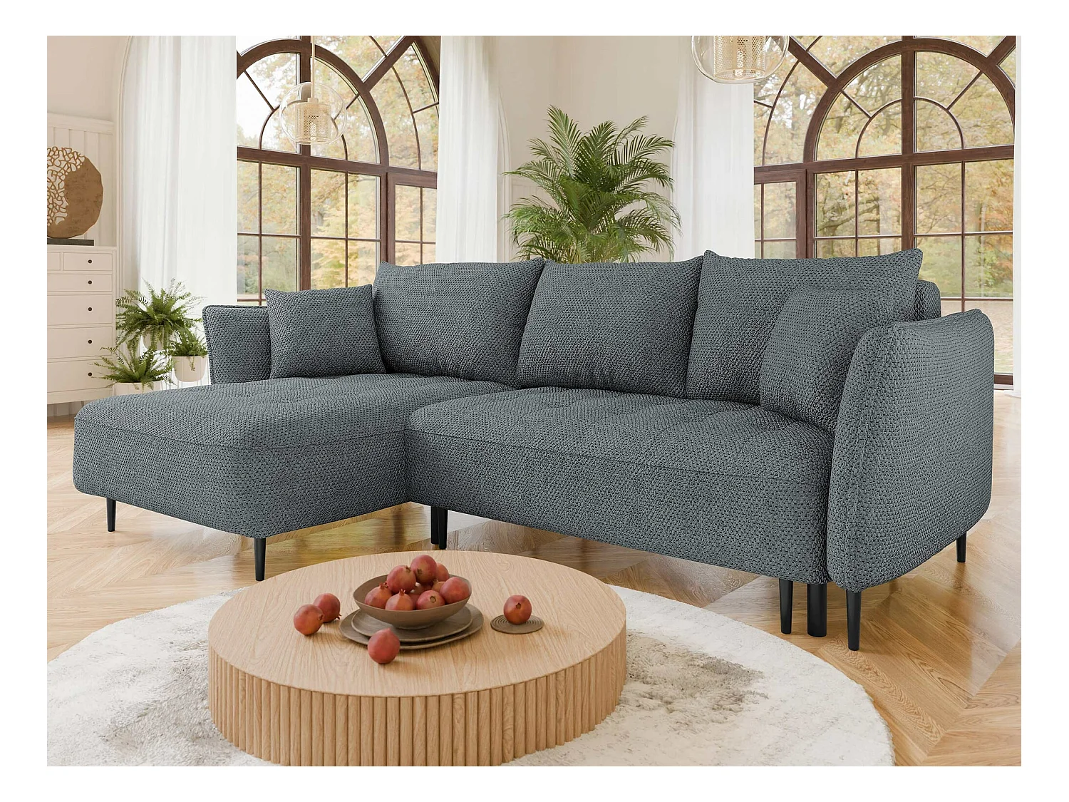 Canapé d'angle TrendyNest 102, Gris, Fonction de couchage, Boîte de literie, 276x158x94cm